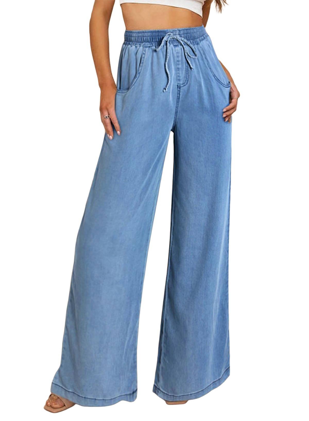 Foto 2 pulgar | Jeans De Mezclilla De Cintura Alta Con Cordón Y Cintura Alta Para Mujer - Venta Internacional.