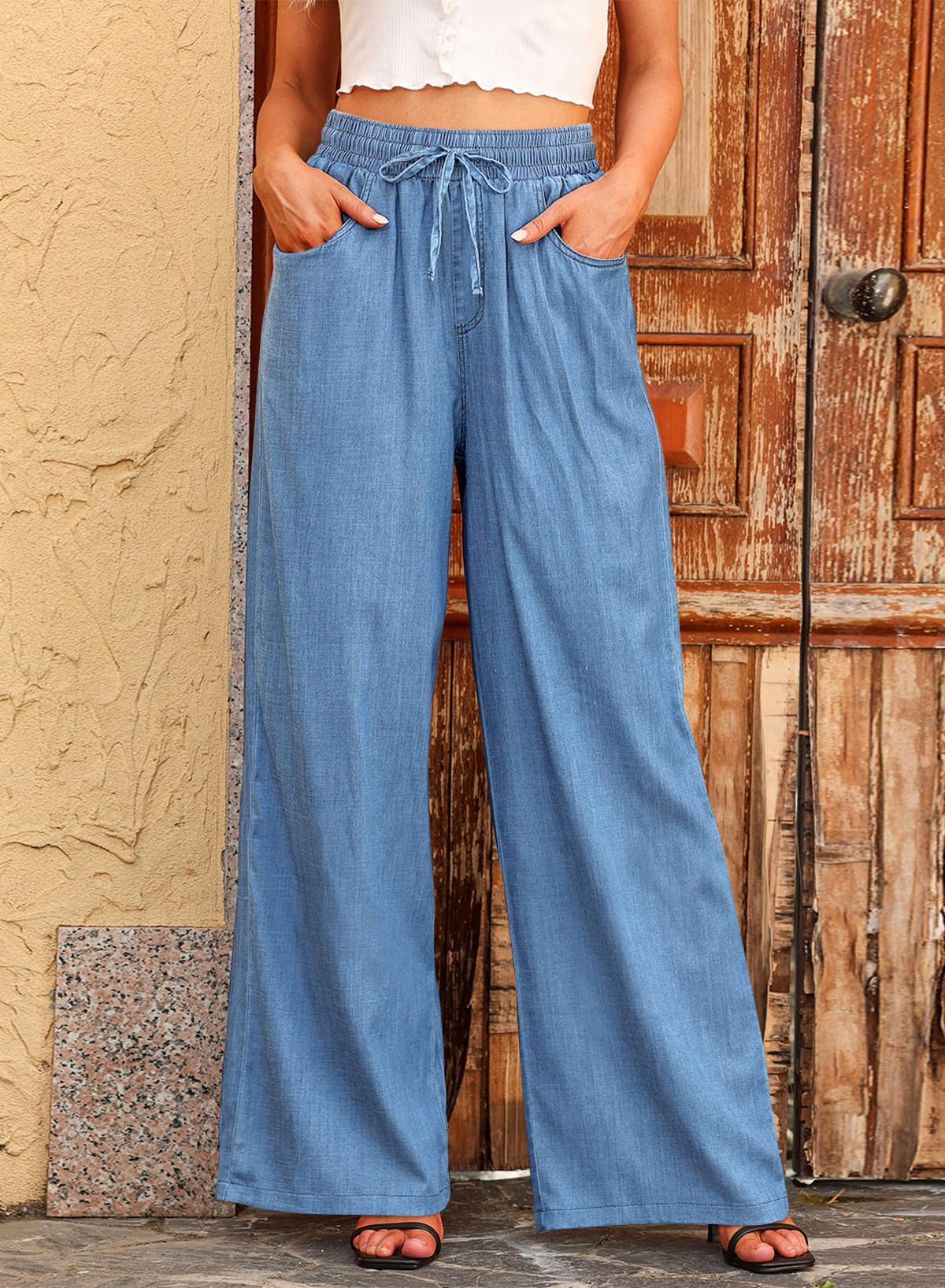 Foto 3 pulgar | Jeans De Mezclilla De Cintura Alta Con Cordón Y Cintura Alta Para Mujer - Venta Internacional.