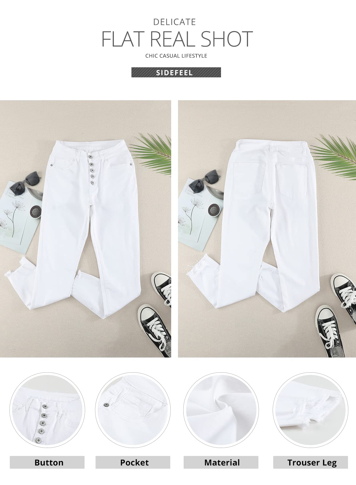 Foto 6 pulgar | Vaqueros Sidefeel De Cintura Alta Blancos Ajustados Para Mujer, Talla 16 - Venta Internacional.