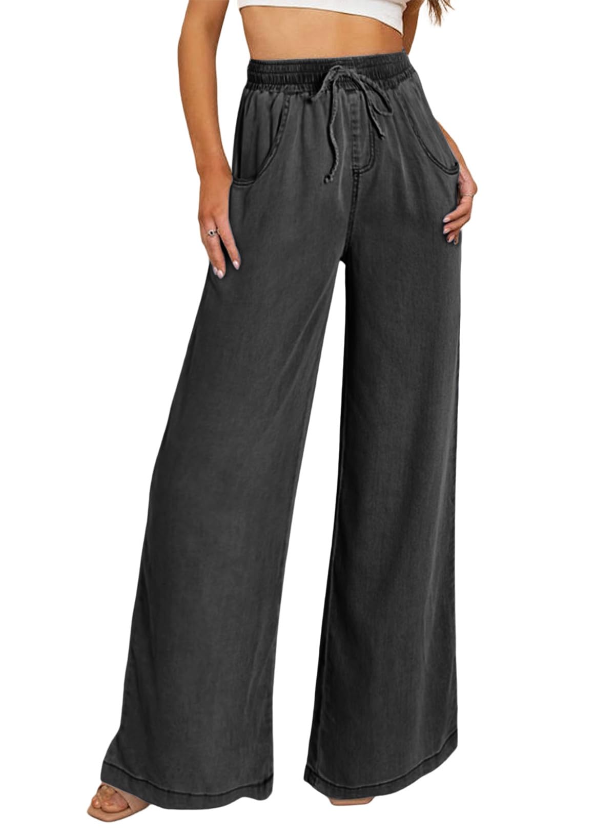 Foto 2 pulgar | Jeans Sidefeel, Cintura Alta, Pernera Ancha, Con Cordón, Vaqueros Negros - Venta Internacional.