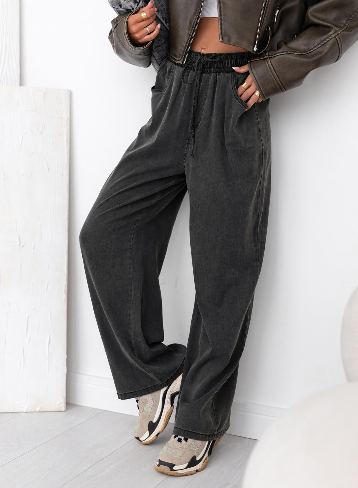 Foto 4 pulgar | Jeans Sidefeel, Cintura Alta, Pernera Ancha, Con Cordón, Vaqueros Negros - Venta Internacional.