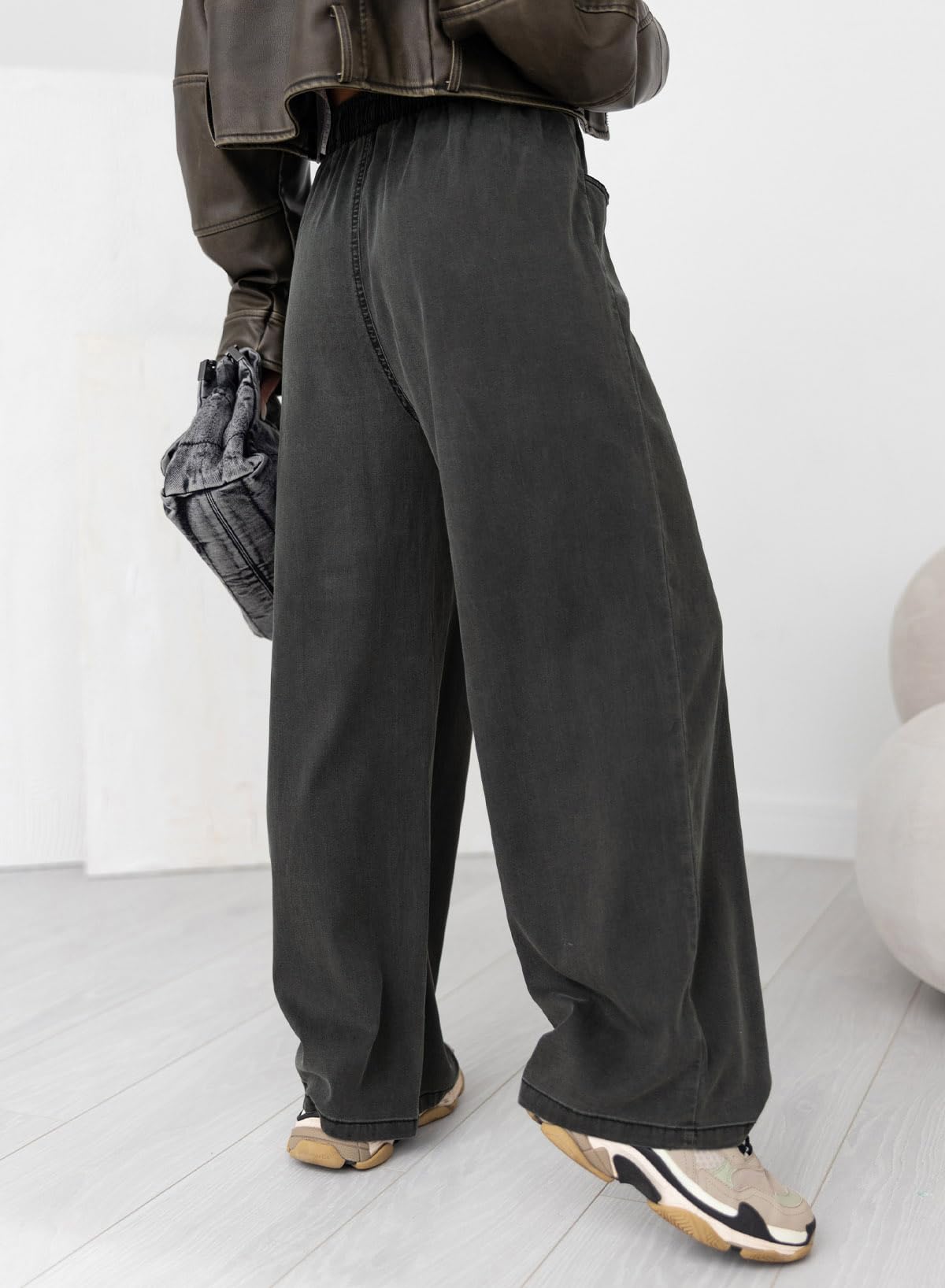 Foto 5 pulgar | Jeans Sidefeel, Cintura Alta, Pernera Ancha, Con Cordón, Vaqueros Negros - Venta Internacional.