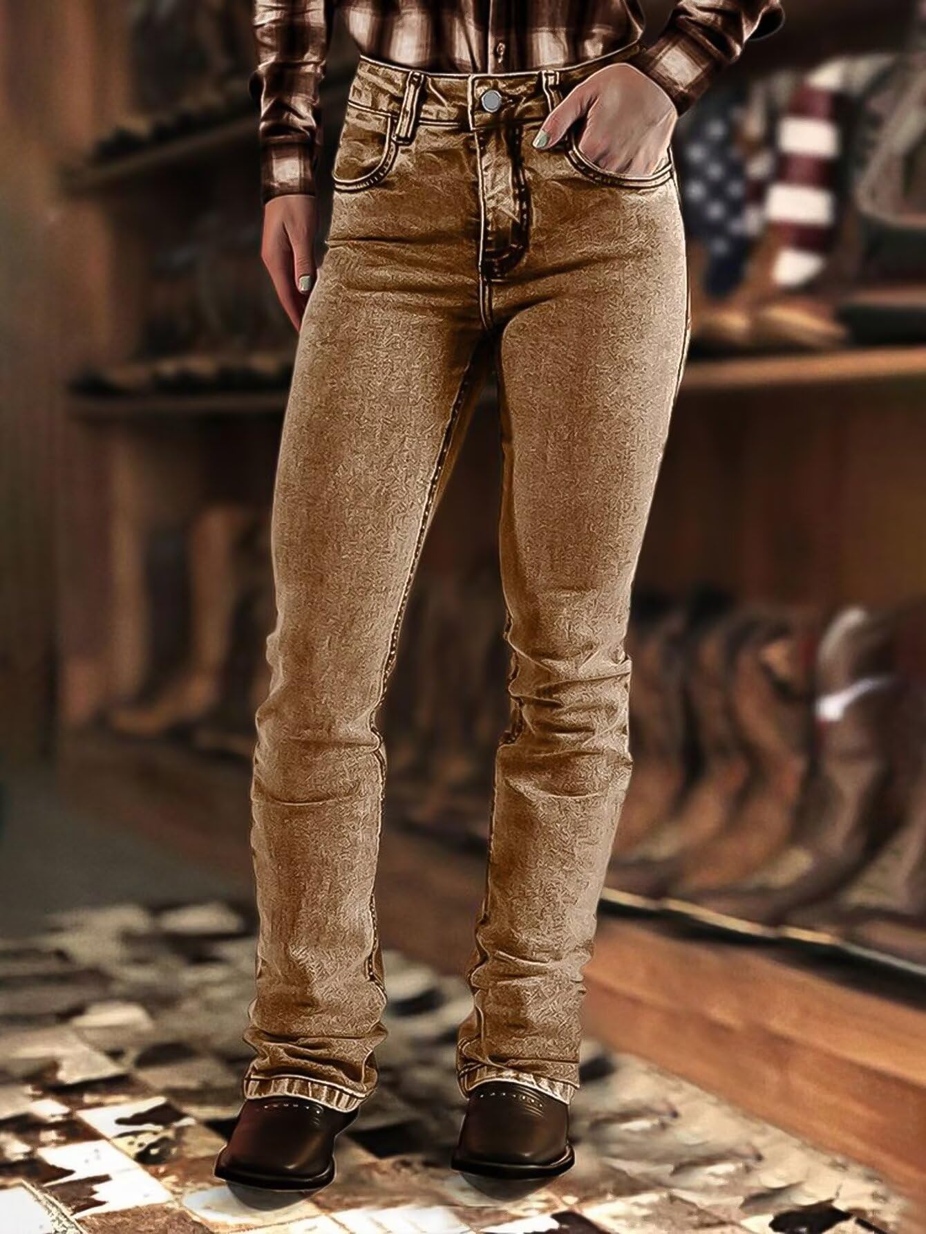 Foto 3 pulgar | Jeans Flamingals Bootcut Para Mujer, Talle Medio, Elástico, Caqui, Talla S - Venta Internacional.