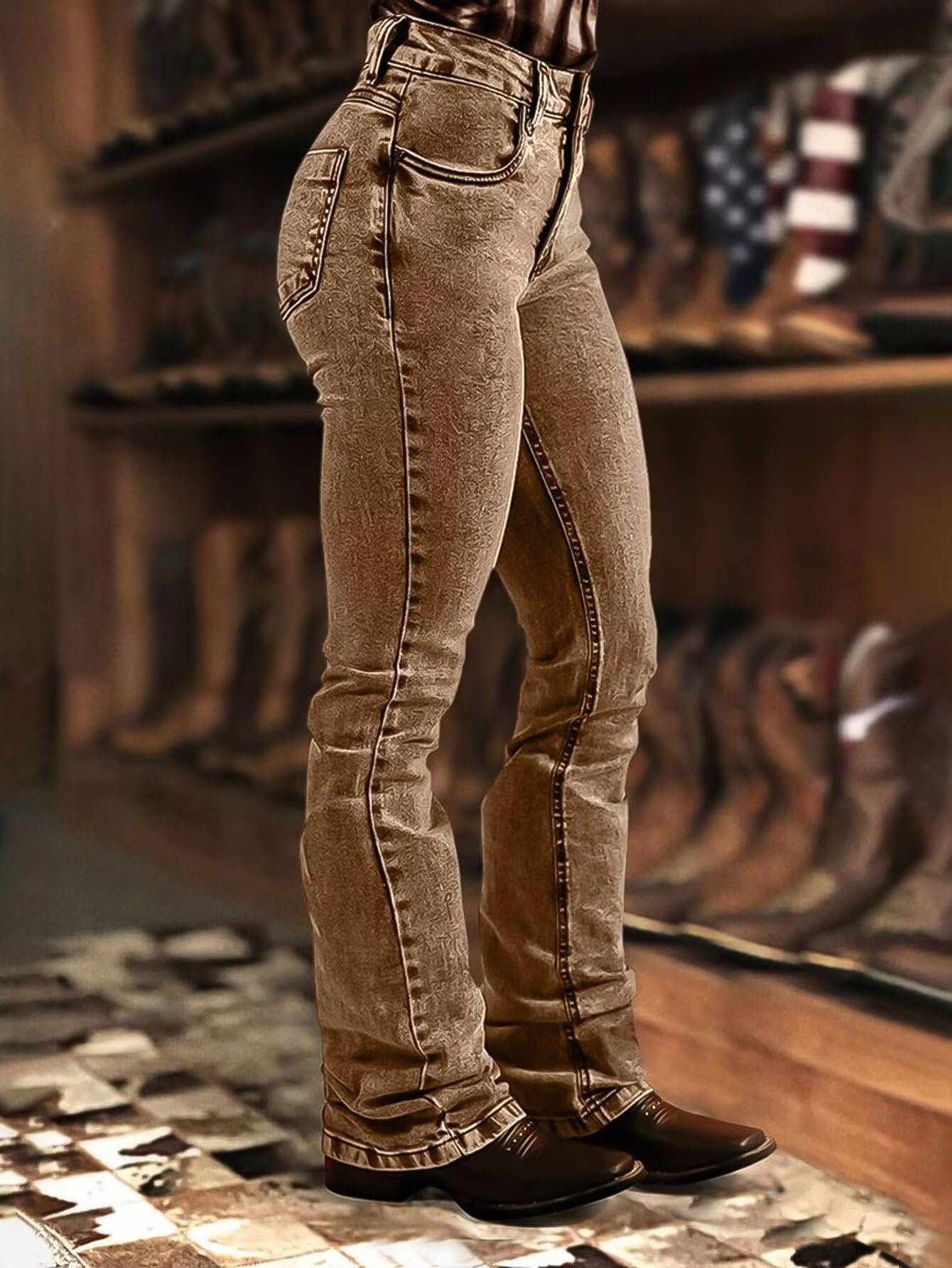 Foto 4 | Jeans Flamingals Bootcut Para Mujer, Talle Medio, Elástico, Caqui, Talla S - Venta Internacional.