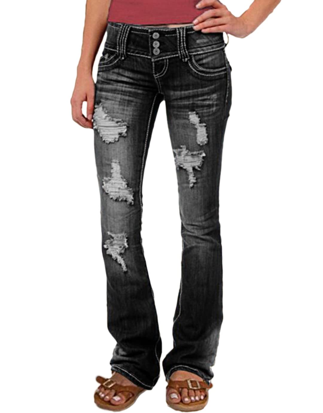 Jeans Flamingals De Talle Bajo, Corte De Bota Rasgado, Pierna Ancha, Negro, Talla M, Para Mujer - Venta Internacional.