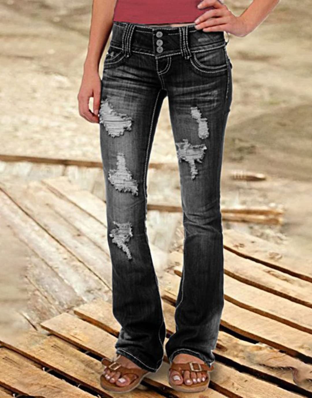 Foto 3 | Jeans Flamingals De Talle Bajo, Corte De Bota Rasgado, Pierna Ancha, Negro, Talla M, Para Mujer - Venta Internacional.