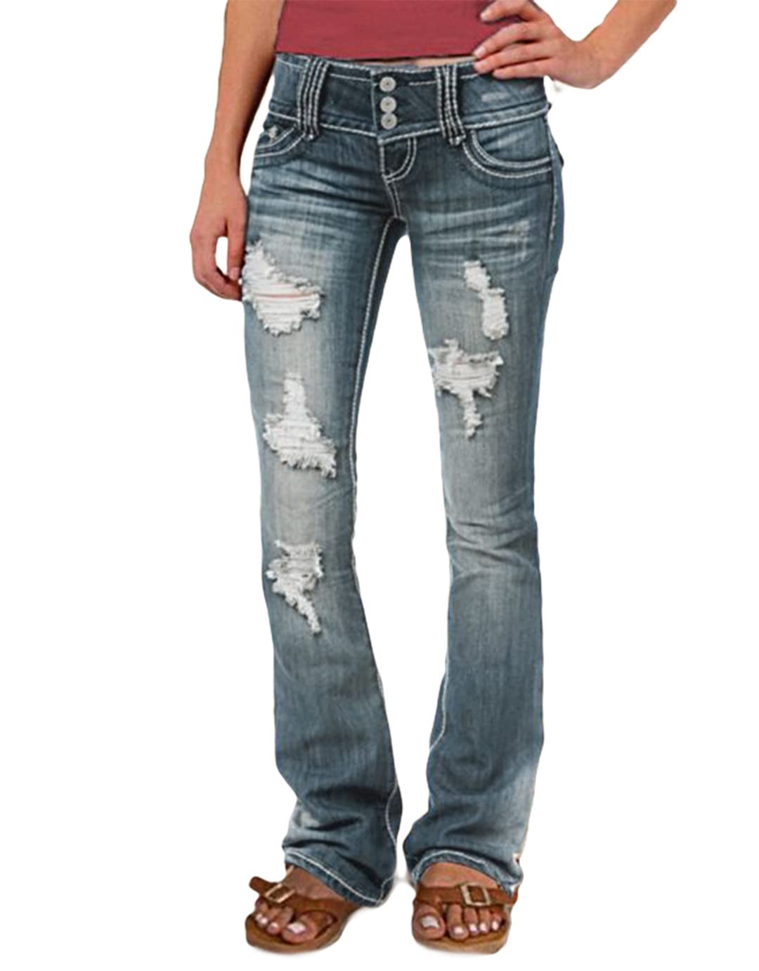 Foto 1 | Pantalones Vaqueros Flamingals, Talle Bajo, Corte Rasgado, Pernera Ancha, Azul Claro, L - Venta Internacional.