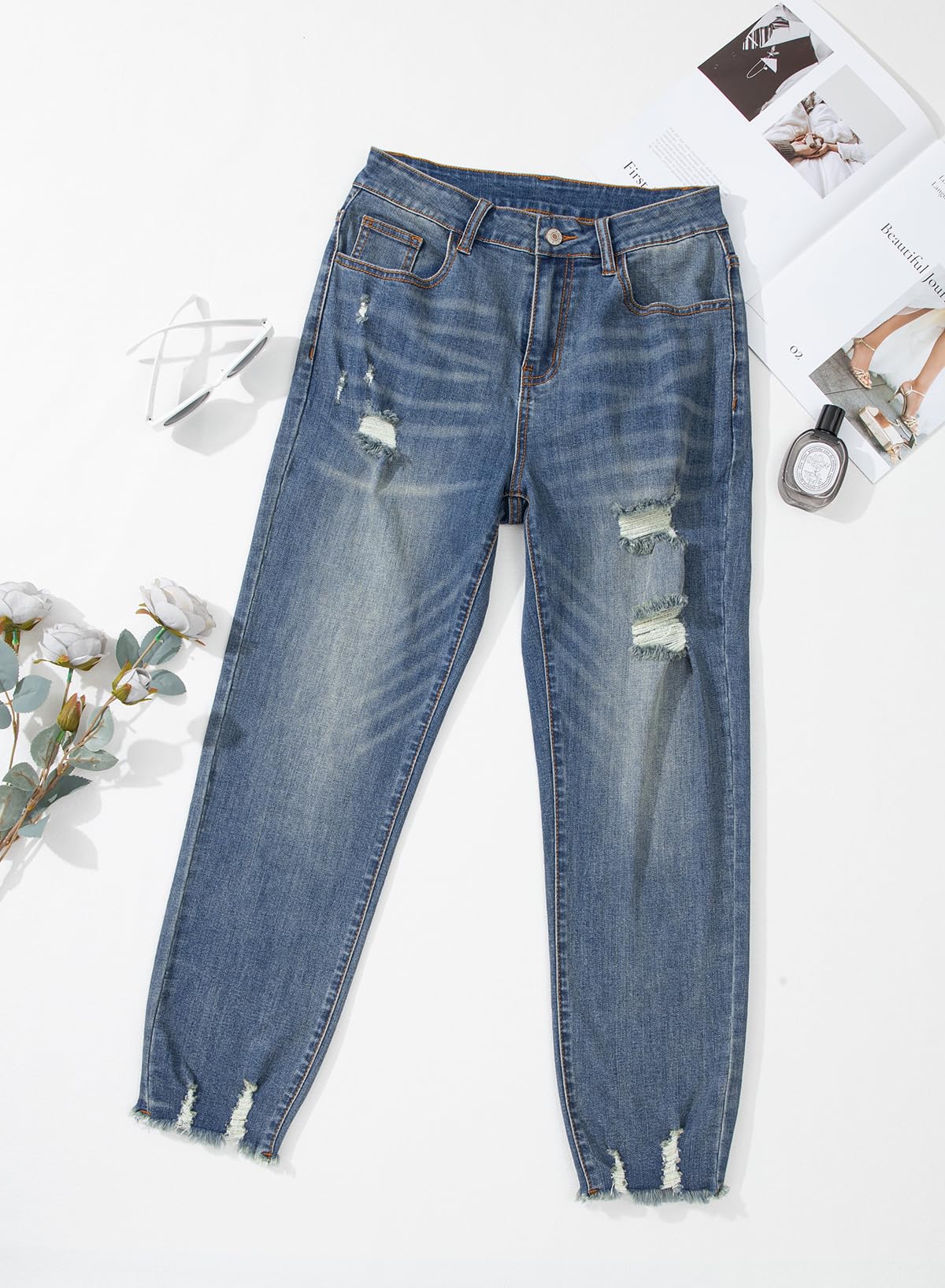 Foto 4 pulgar | Vaqueros Evaless Ripped Para Mujer, Talle Medio, Pierna Recta, Azul 16 - Venta Internacional.