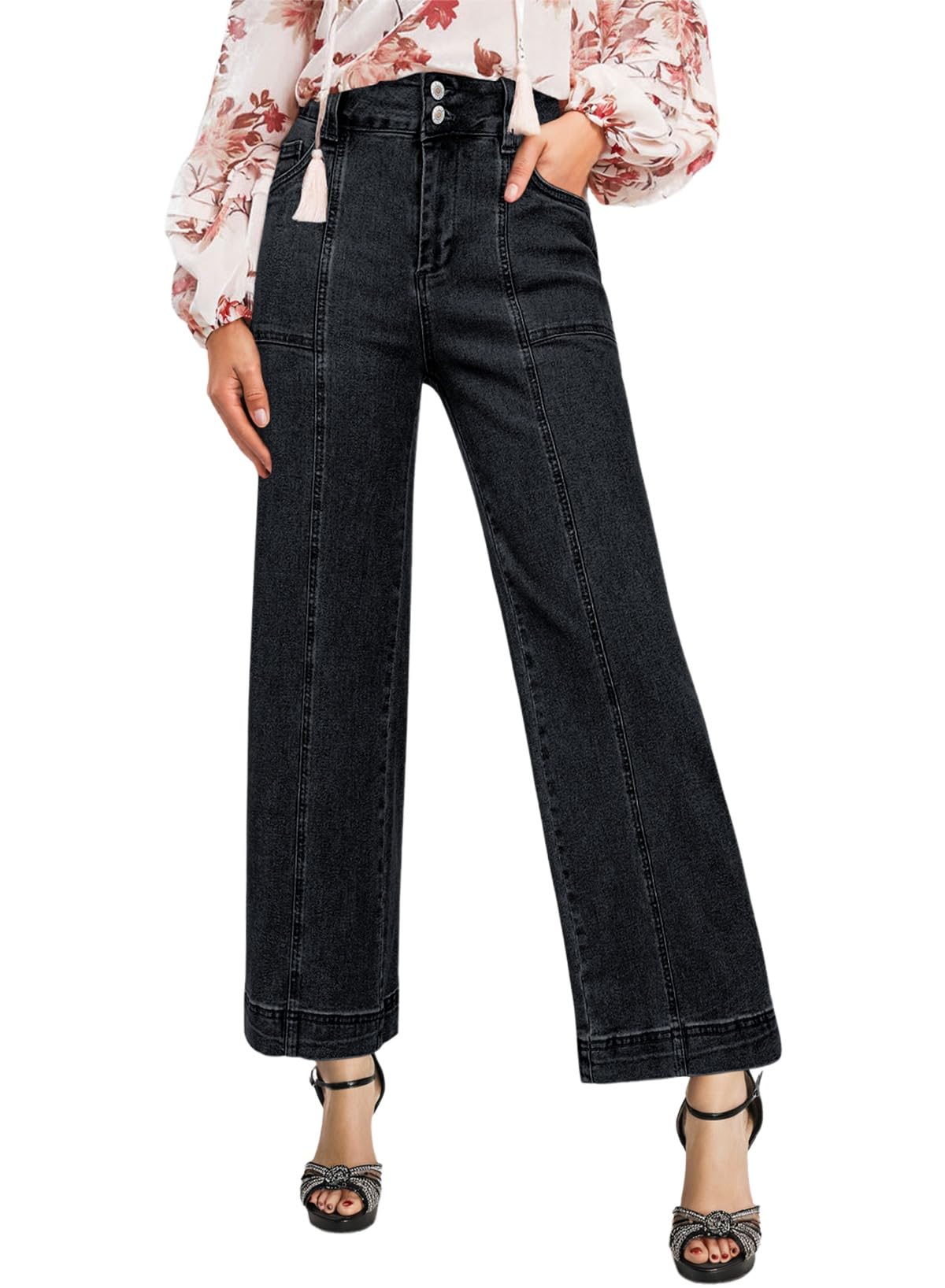 Pantalones De Mezclilla Astylish Para Mujer, Talle Alto, Pernera Ancha, Negros - Venta Internacional.