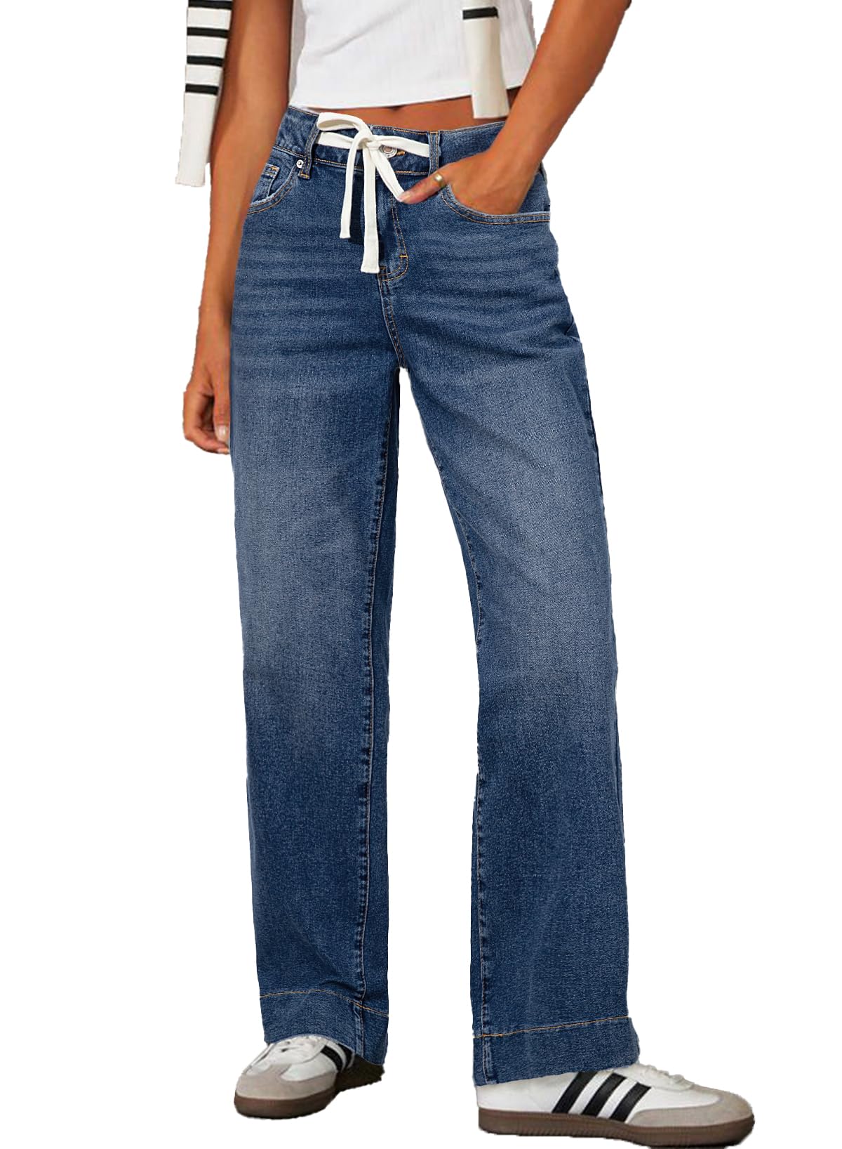 Pantalones Vaqueros Sidefeel Para Mujer, Con Cordón, Pierna Recta, Color Azul Oscuro - Venta Internacional.
