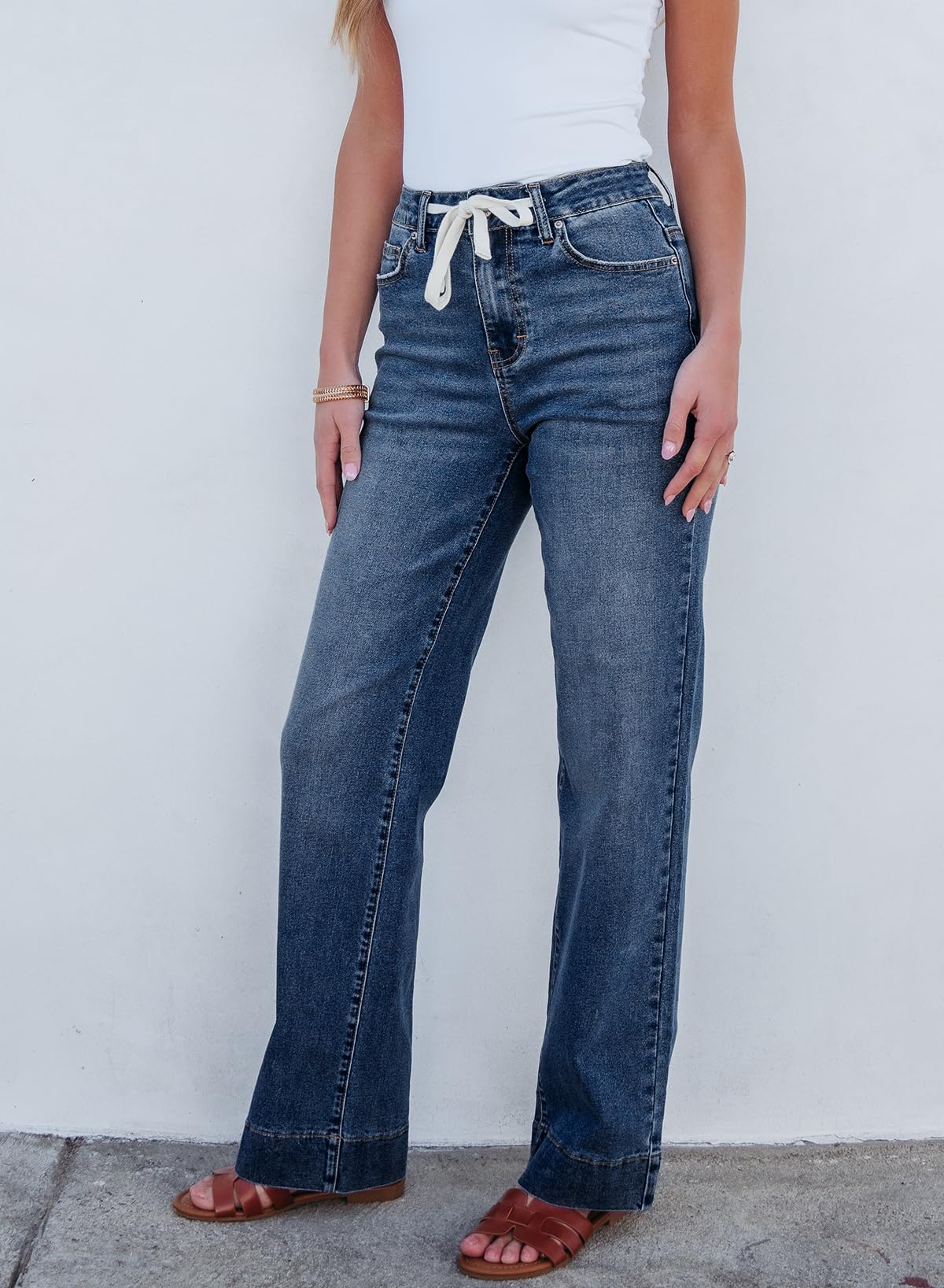 Foto 4 pulgar | Pantalones Vaqueros Sidefeel Para Mujer, Con Cordón, Pierna Recta, Color Azul Oscuro - Venta Internacional.