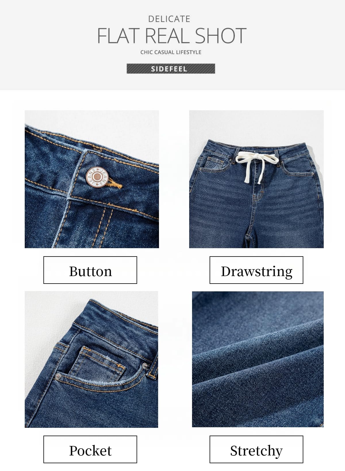 Foto 6 | Pantalones Vaqueros Sidefeel Para Mujer, Con Cordón, Pierna Recta, Color Azul Oscuro - Venta Internacional.