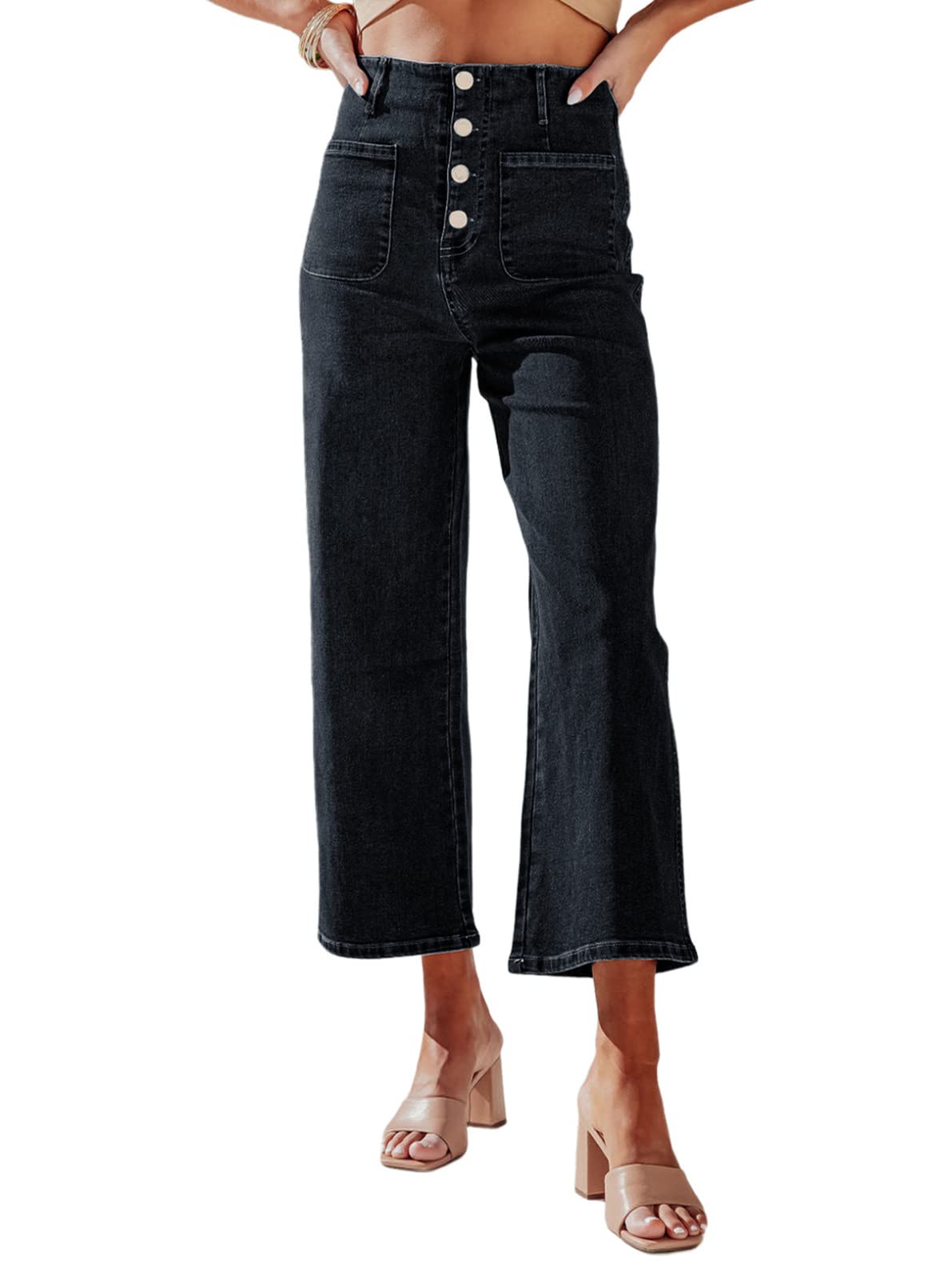 Jeans Sidefeel, Pierna Ancha, Cintura Alta, Elásticos, Negros, Talla 8, Para Mujer - Venta Internacional.