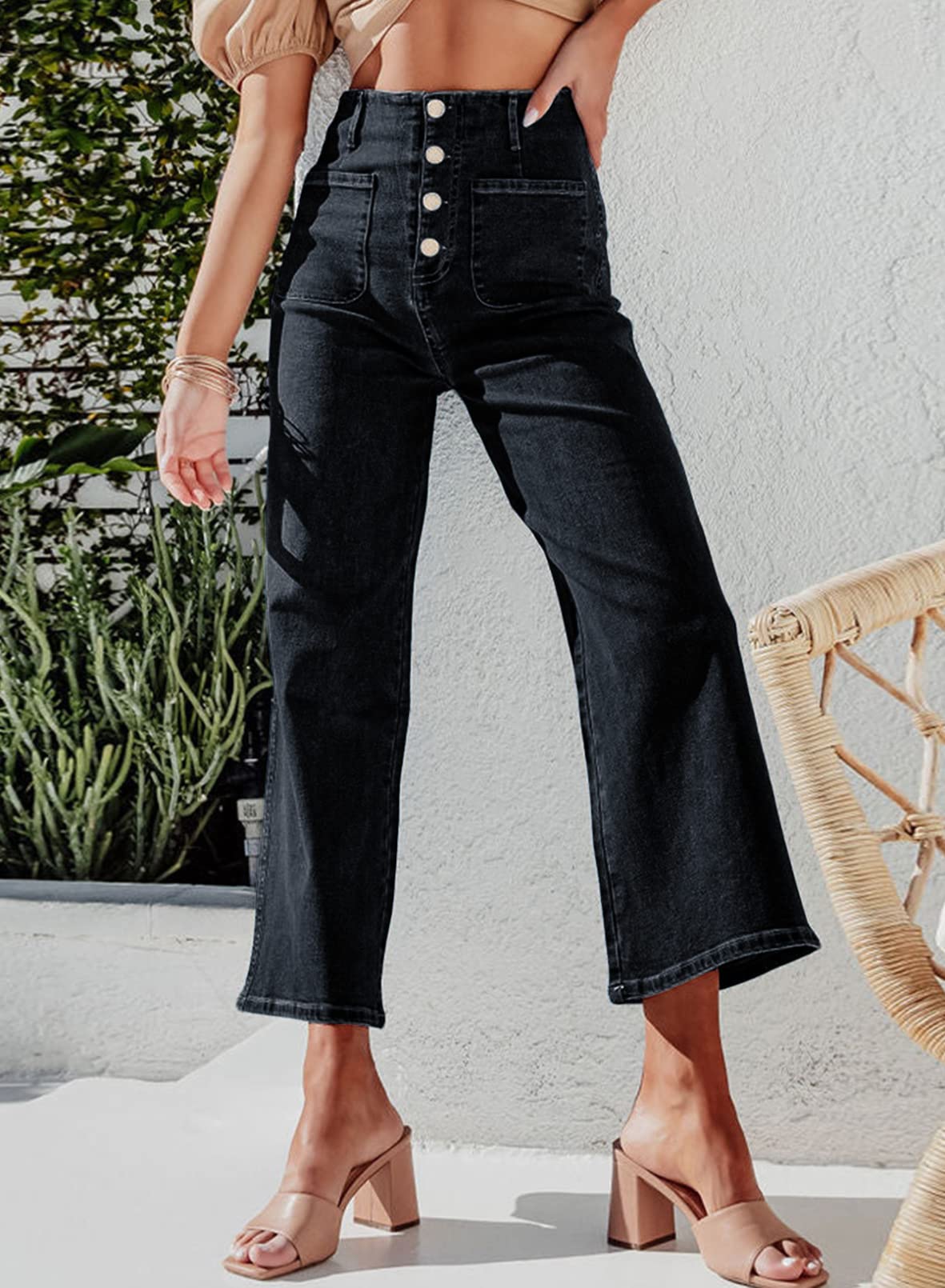 Foto 5 pulgar | Jeans Sidefeel, Pierna Ancha, Cintura Alta, Elásticos, Negros, Talla 8, Para Mujer - Venta Internacional.