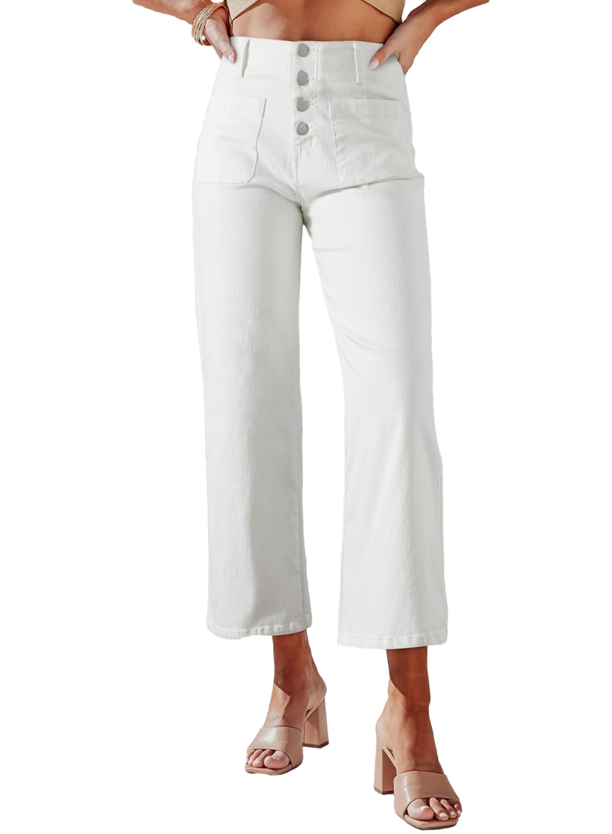 Vaqueros Sidefeel Zimbaplatinum, Pernera Ancha, Cintura Alta, Blancos, Talla 10 - Venta Internacional.