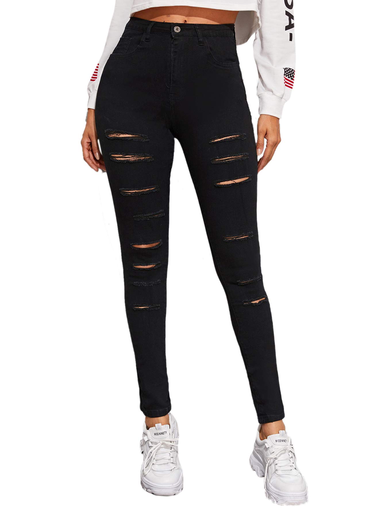 Foto 2 pulgar | Vaqueros Sweatyrocks Para Mujer, Cintura Alta, Rasgados, Negros, Talla 5 - Venta Internacional.