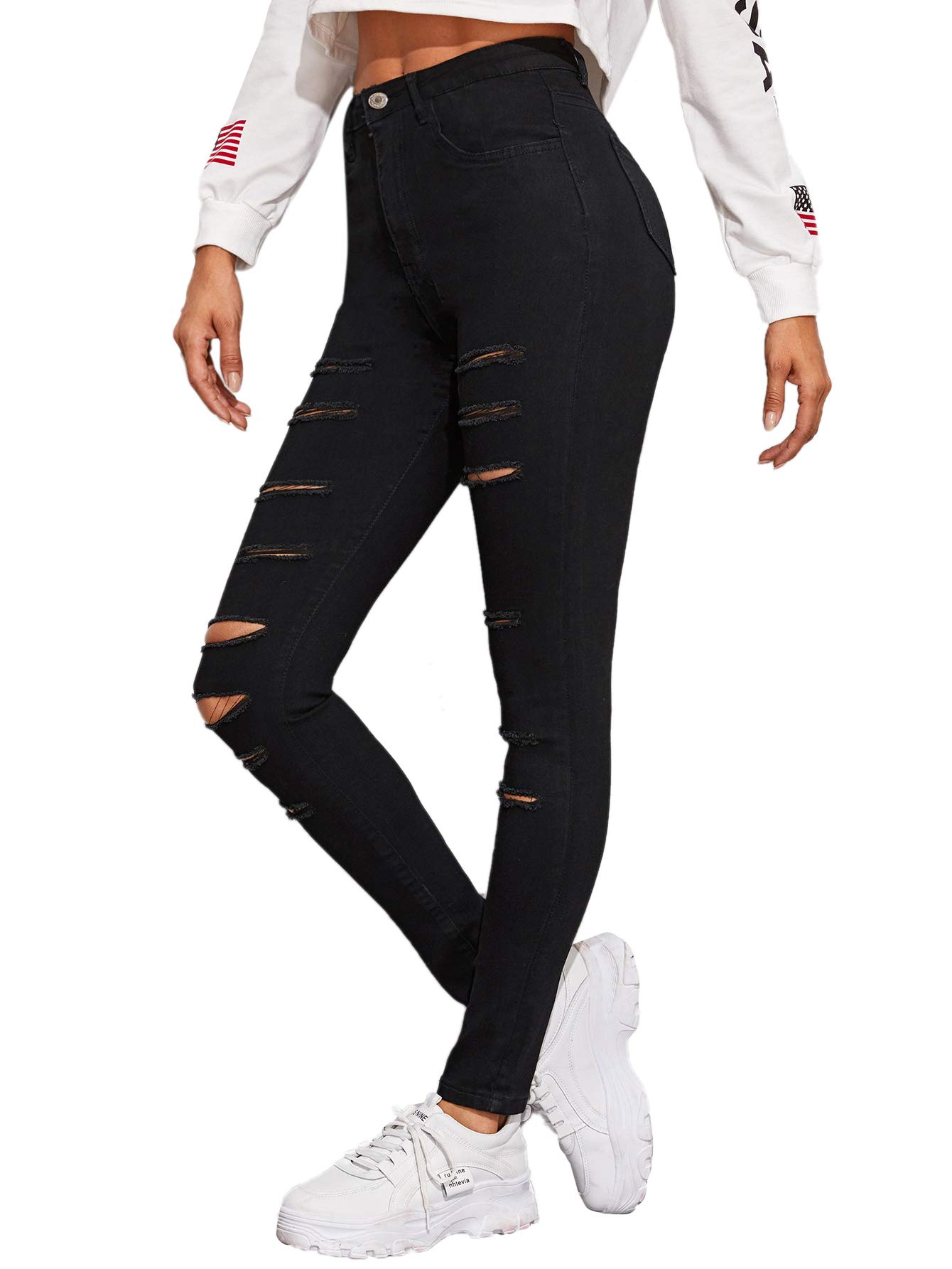 Foto 5 pulgar | Vaqueros Sweatyrocks Para Mujer, Cintura Alta, Rasgados, Negros, Talla 5 - Venta Internacional.