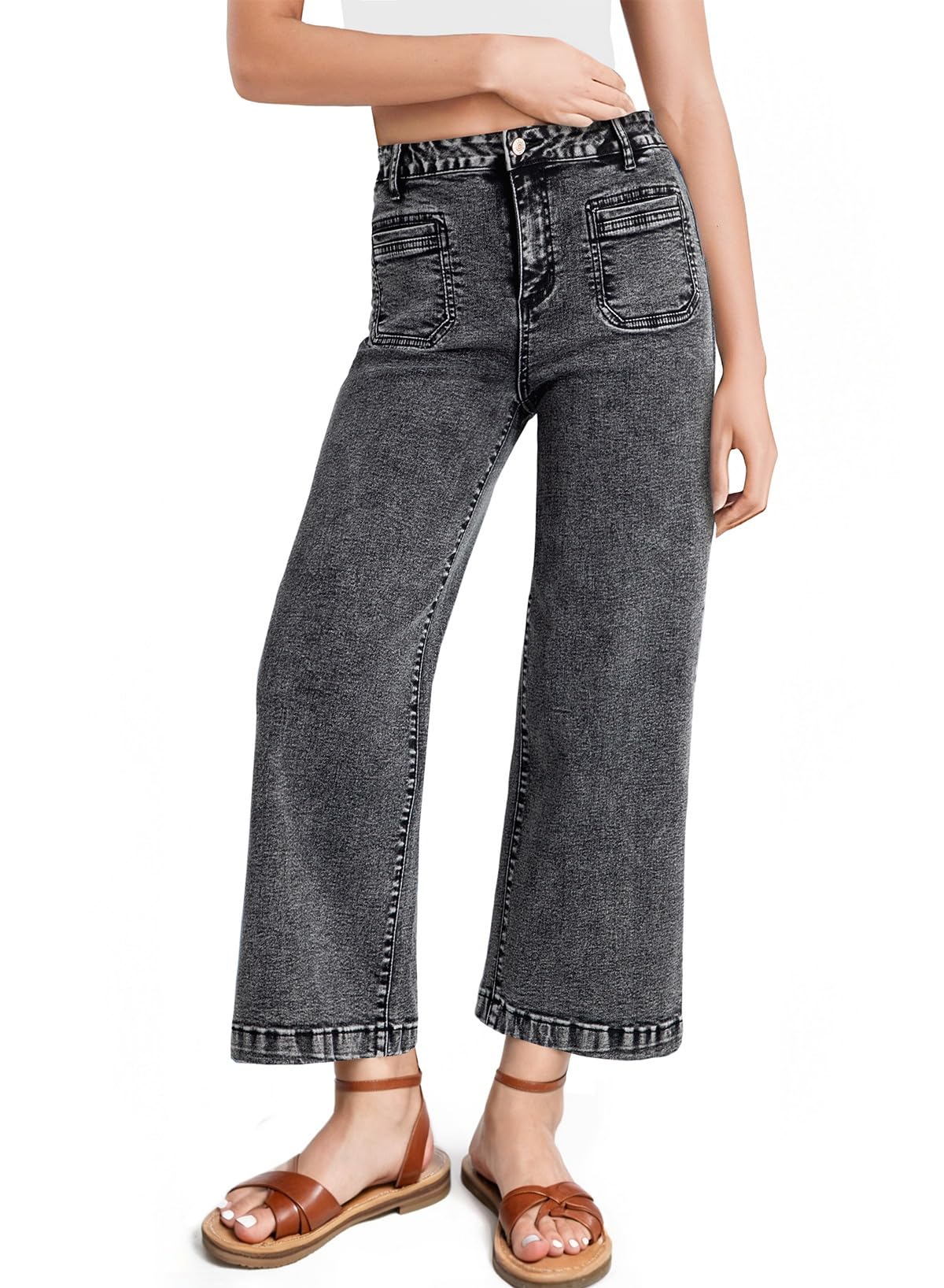 Pantalones Vaqueros Elegantes De Cintura Alta, Corte Ancho, Pierna Ancha, Gris, Talla 12 - Venta Internacional.