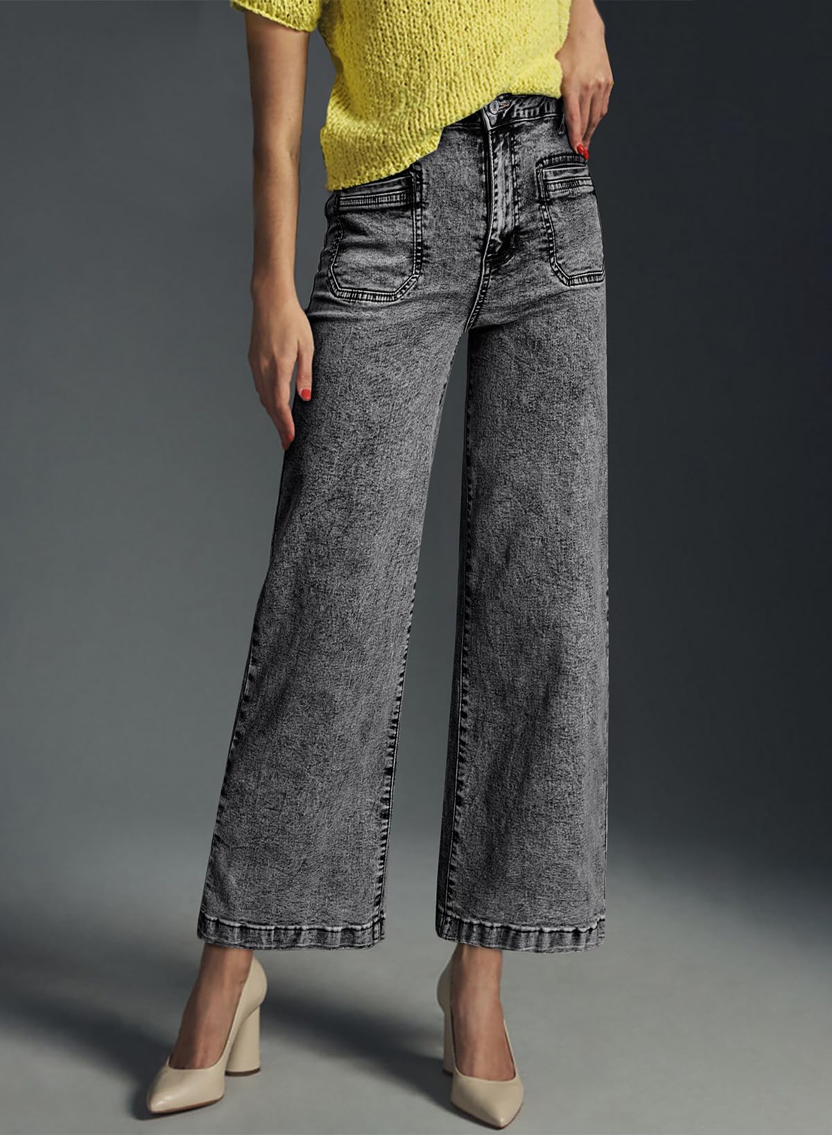 Foto 6 pulgar | Pantalones Vaqueros Elegantes De Cintura Alta, Corte Ancho, Pierna Ancha, Gris, Talla 12 - Venta Internacional.