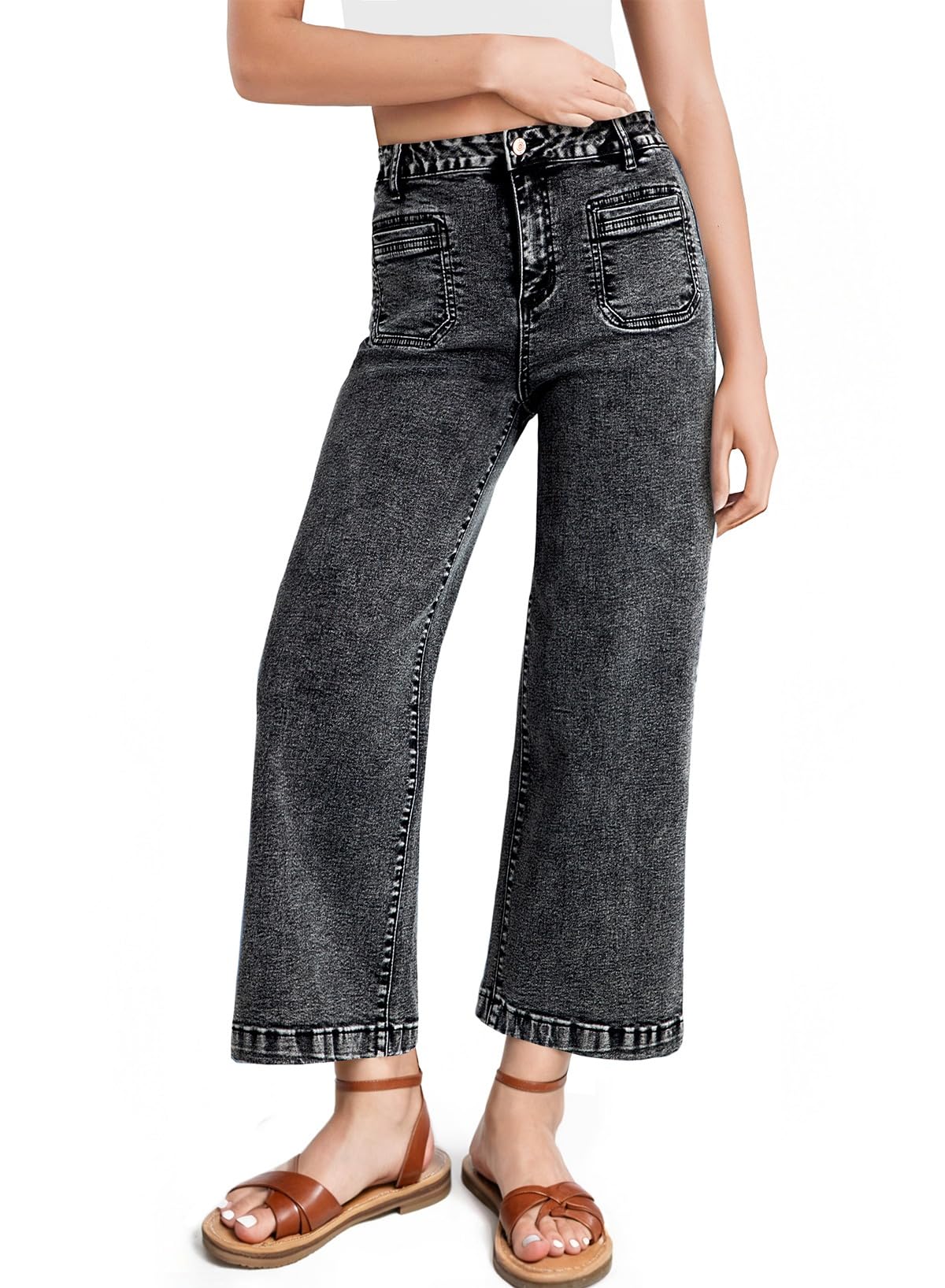 Foto 2 pulgar | Pantalones Vaqueros Elegantes De Pierna Ancha Para Mujer, Cintura Alta, Talla 8, Color Negro - Venta Internacional.