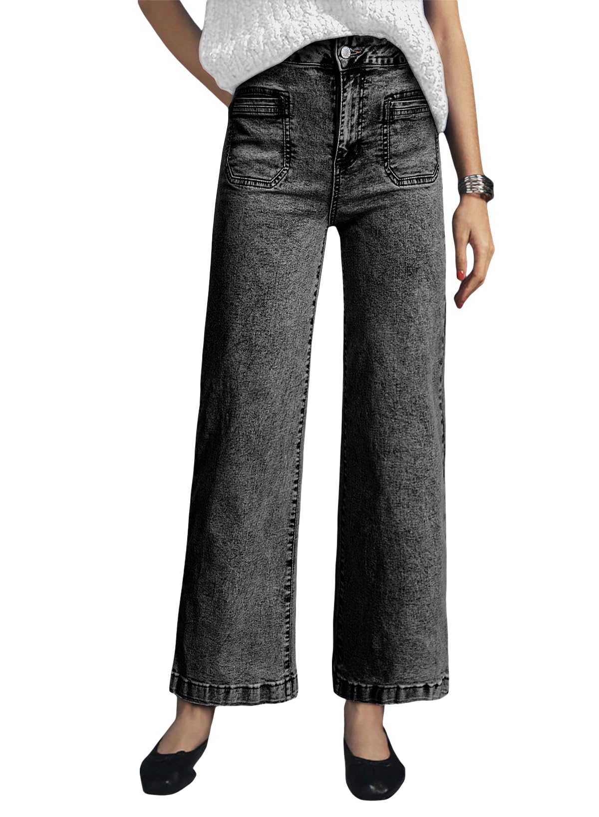 Foto 4 pulgar | Pantalones Vaqueros Elegantes De Pierna Ancha Para Mujer, Cintura Alta, Talla 8, Color Negro - Venta Internacional.