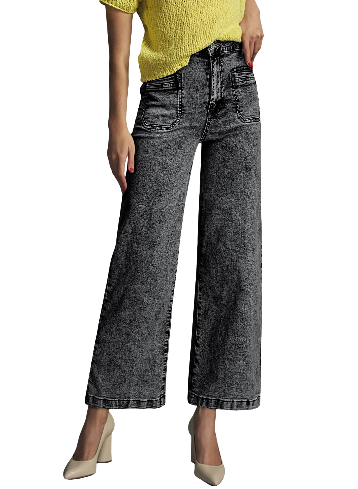 Foto 5 pulgar | Pantalones Vaqueros Elegantes De Pierna Ancha Para Mujer, Cintura Alta, Talla 8, Color Negro - Venta Internacional.
