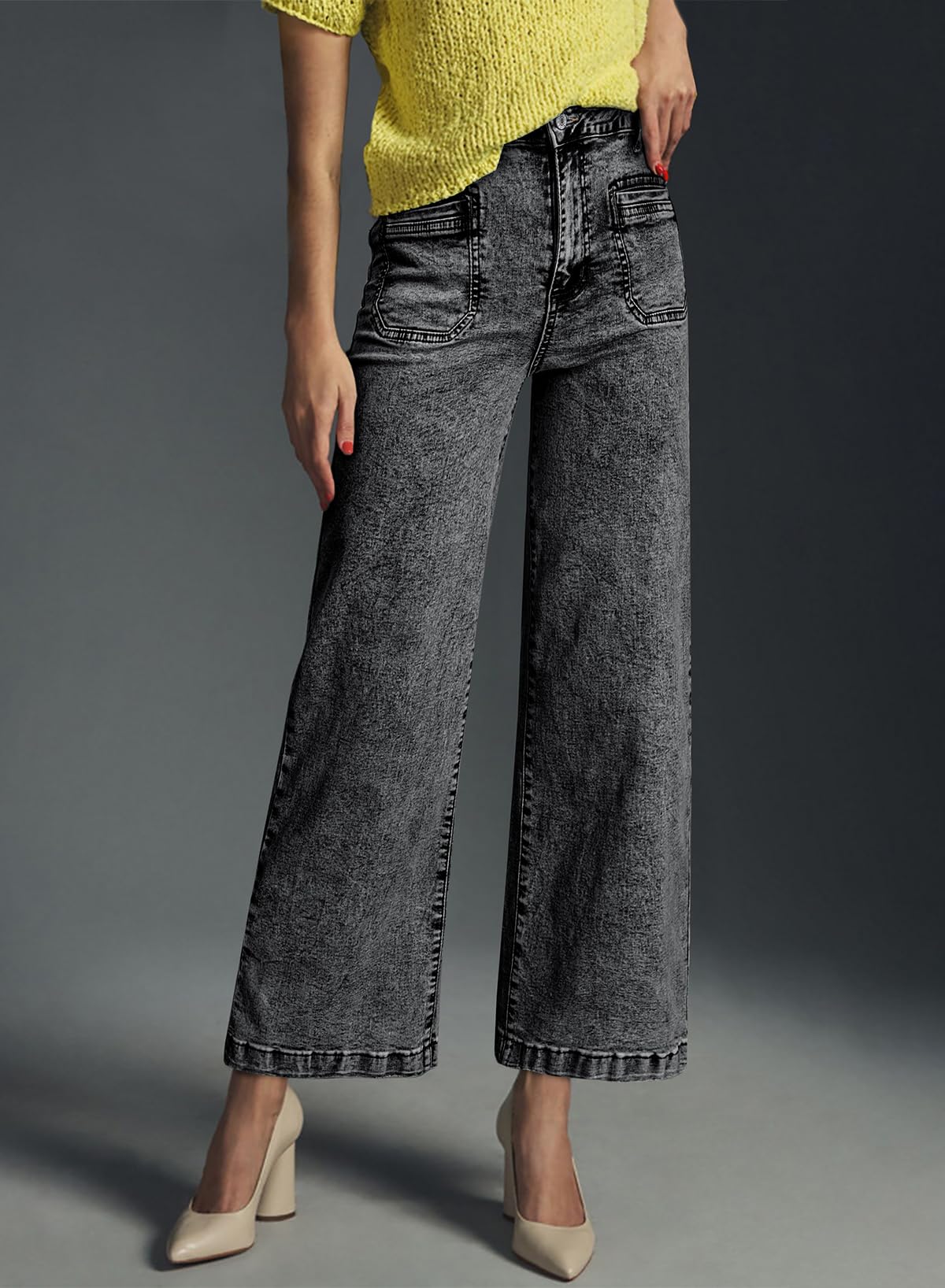 Foto 6 pulgar | Pantalones Vaqueros Elegantes De Pierna Ancha Para Mujer, Cintura Alta, Talla 8, Color Negro - Venta Internacional.