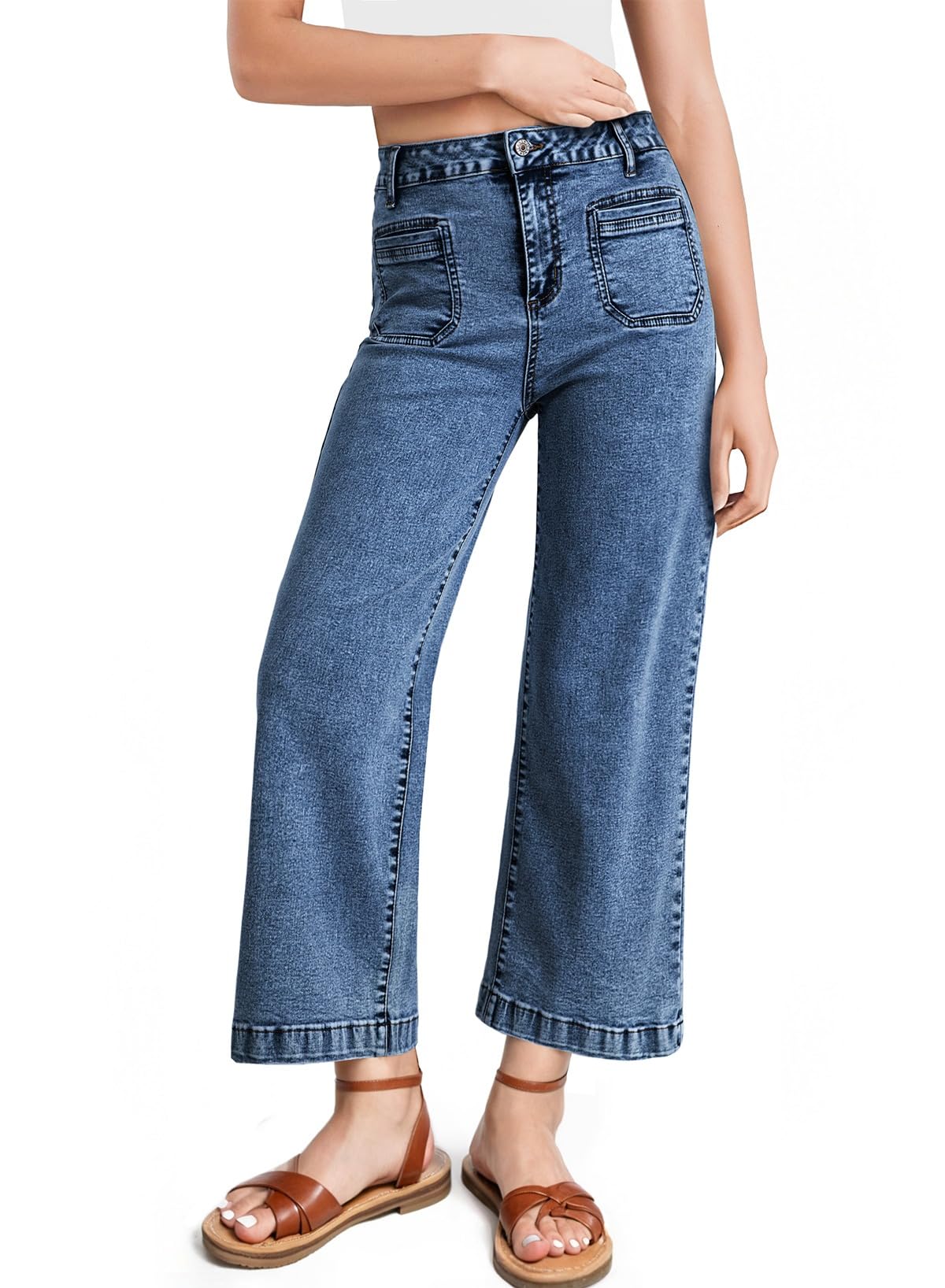 Foto 1 | Vaqueros Elegantes Para Mujer, Cintura Alta, Pierna Recta Y Ancha, Azul - Venta Internacional.