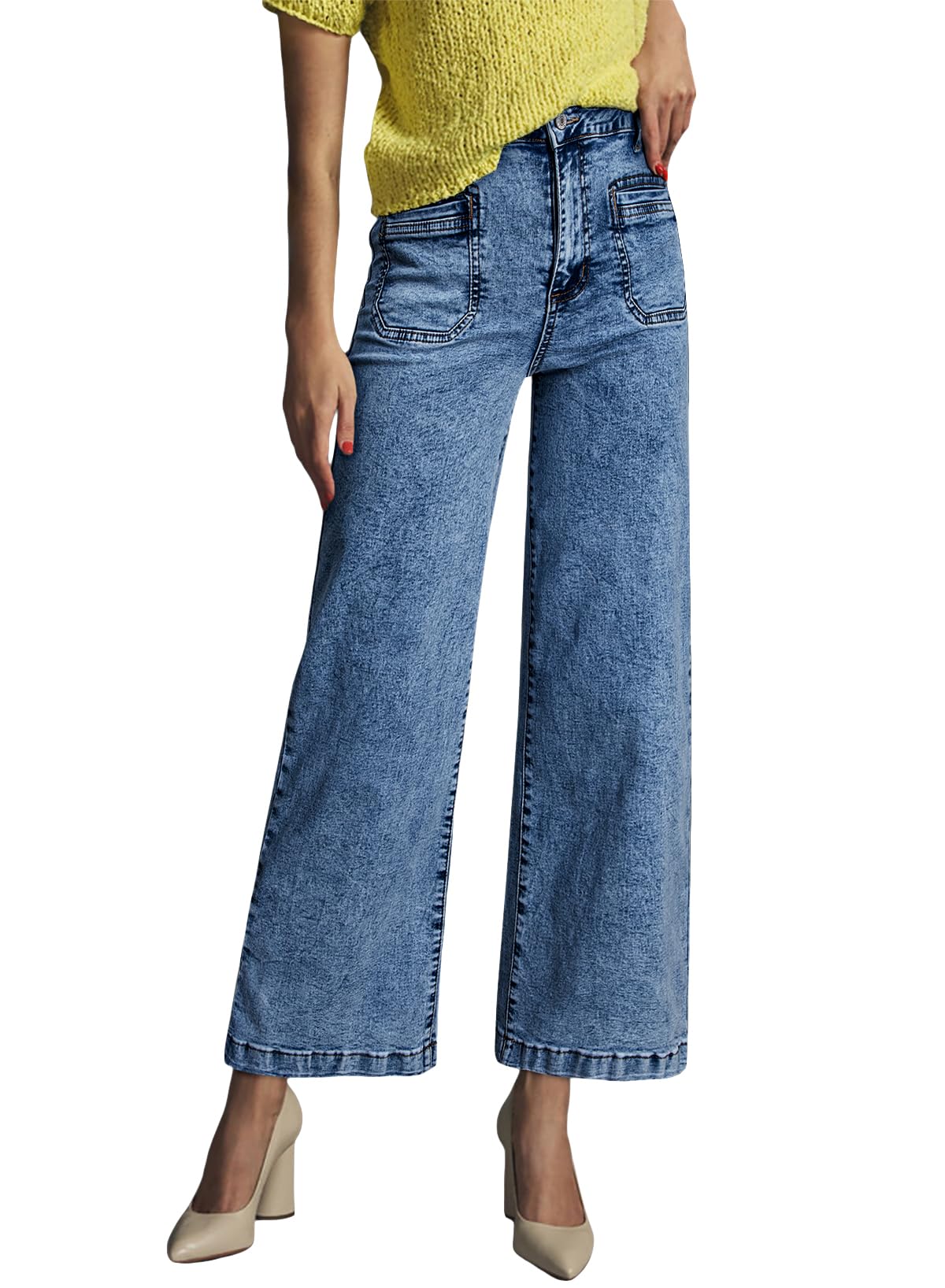Foto 4 | Vaqueros Elegantes Para Mujer, Cintura Alta, Pierna Recta Y Ancha, Azul - Venta Internacional.