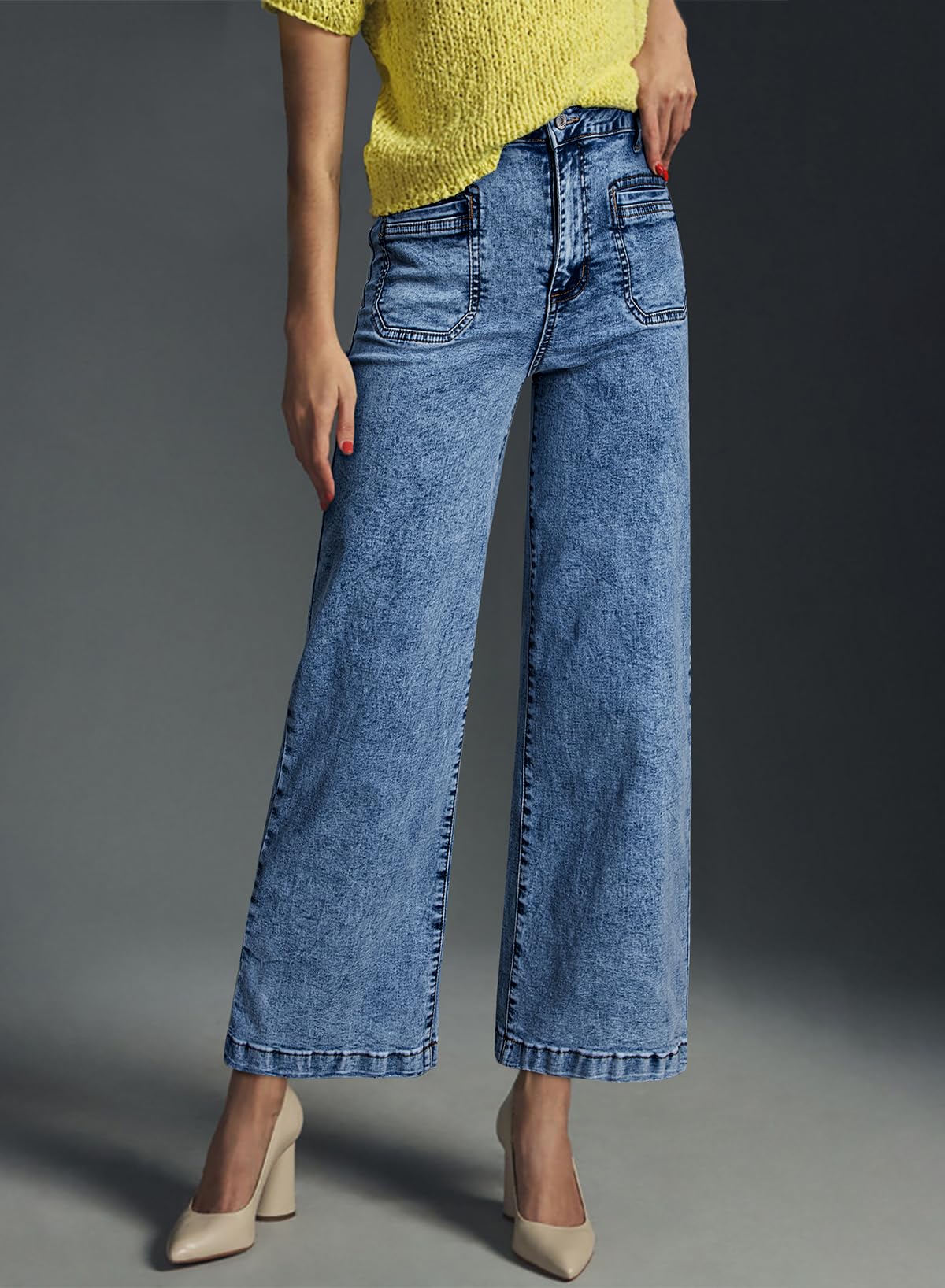 Foto 5 | Vaqueros Elegantes Para Mujer, Cintura Alta, Pierna Recta Y Ancha, Azul - Venta Internacional.