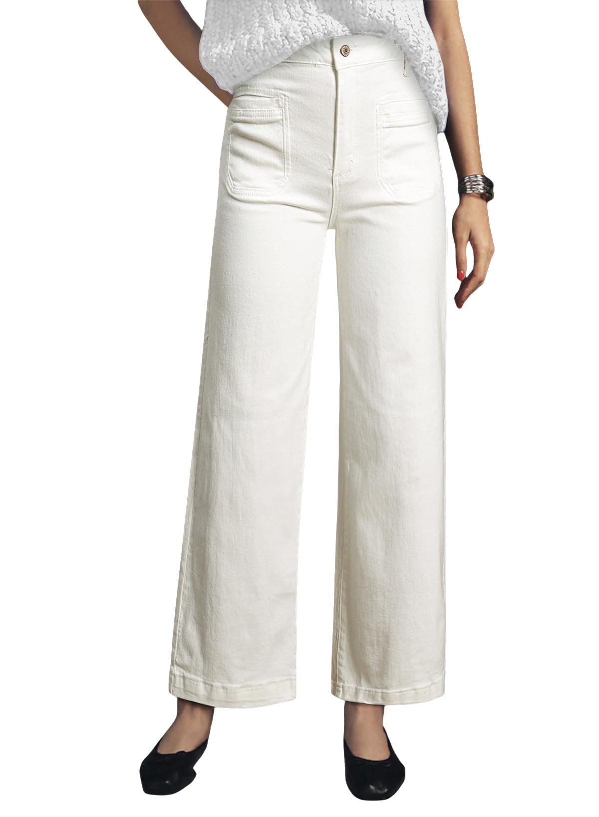Pantalones Vaqueros Elegantes De Cintura Alta, Elásticos, Pernera Ancha, Blancos - Venta Internacional.