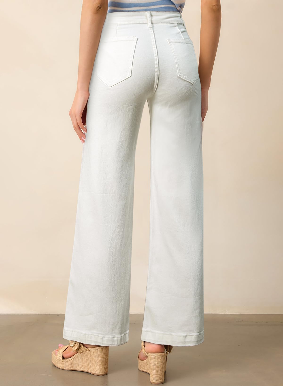 Foto 3 pulgar | Pantalones Vaqueros Elegantes De Cintura Alta, Elásticos, Pernera Ancha, Blancos - Venta Internacional.