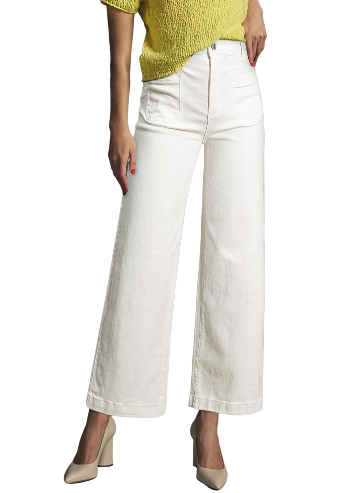 Foto 4 pulgar | Pantalones Vaqueros Elegantes De Cintura Alta, Elásticos, Pernera Ancha, Blancos - Venta Internacional.