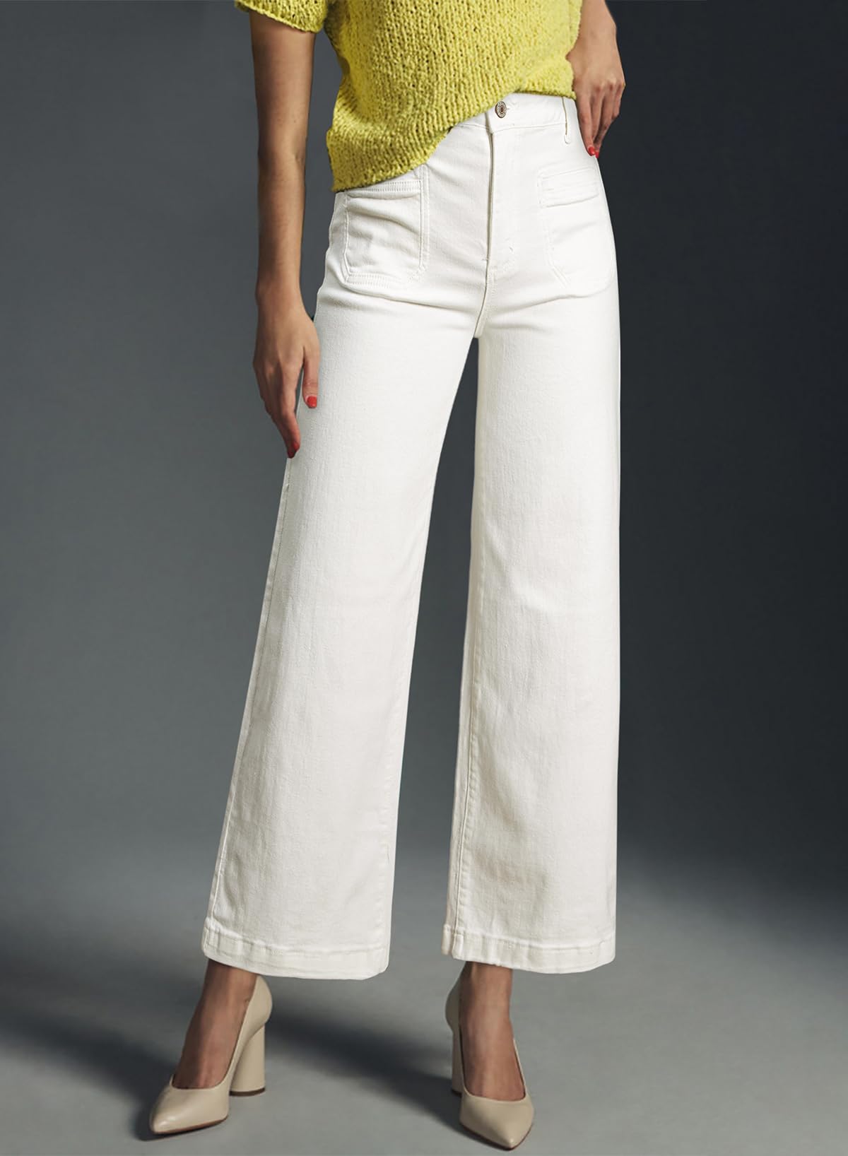 Foto 5 pulgar | Pantalones Vaqueros Elegantes De Cintura Alta, Elásticos, Pernera Ancha, Blancos - Venta Internacional.