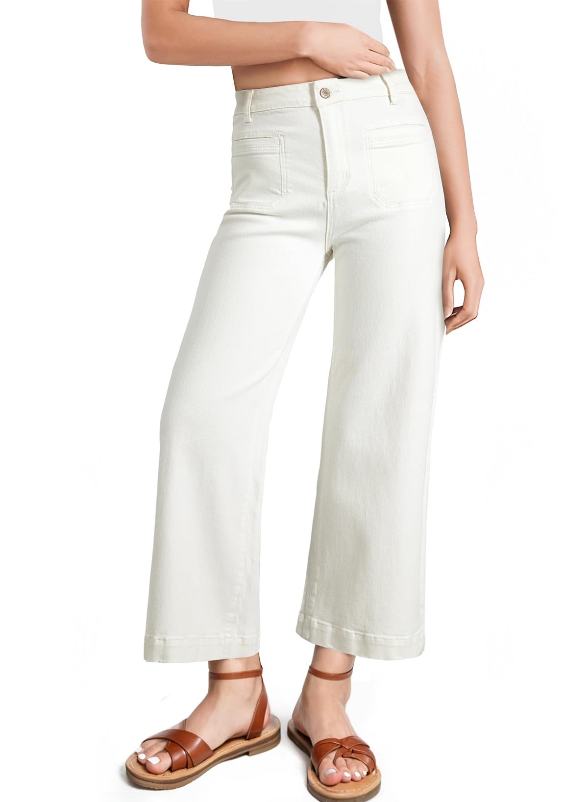 Foto 5 | Pantalones Vaqueros Elegantes De Cintura Alta, Elásticos, Pernera Ancha, Blancos - Venta Internacional.