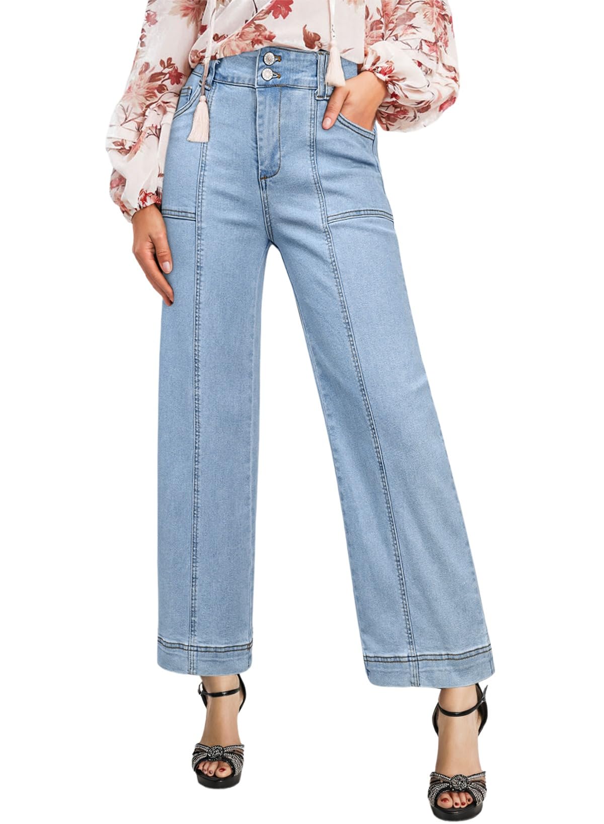 Foto 2 pulgar | Jeans Astylish Para Mujer, Casual, Talle Alto, Pierna Ancha, Azul Cielo - Venta Internacional.