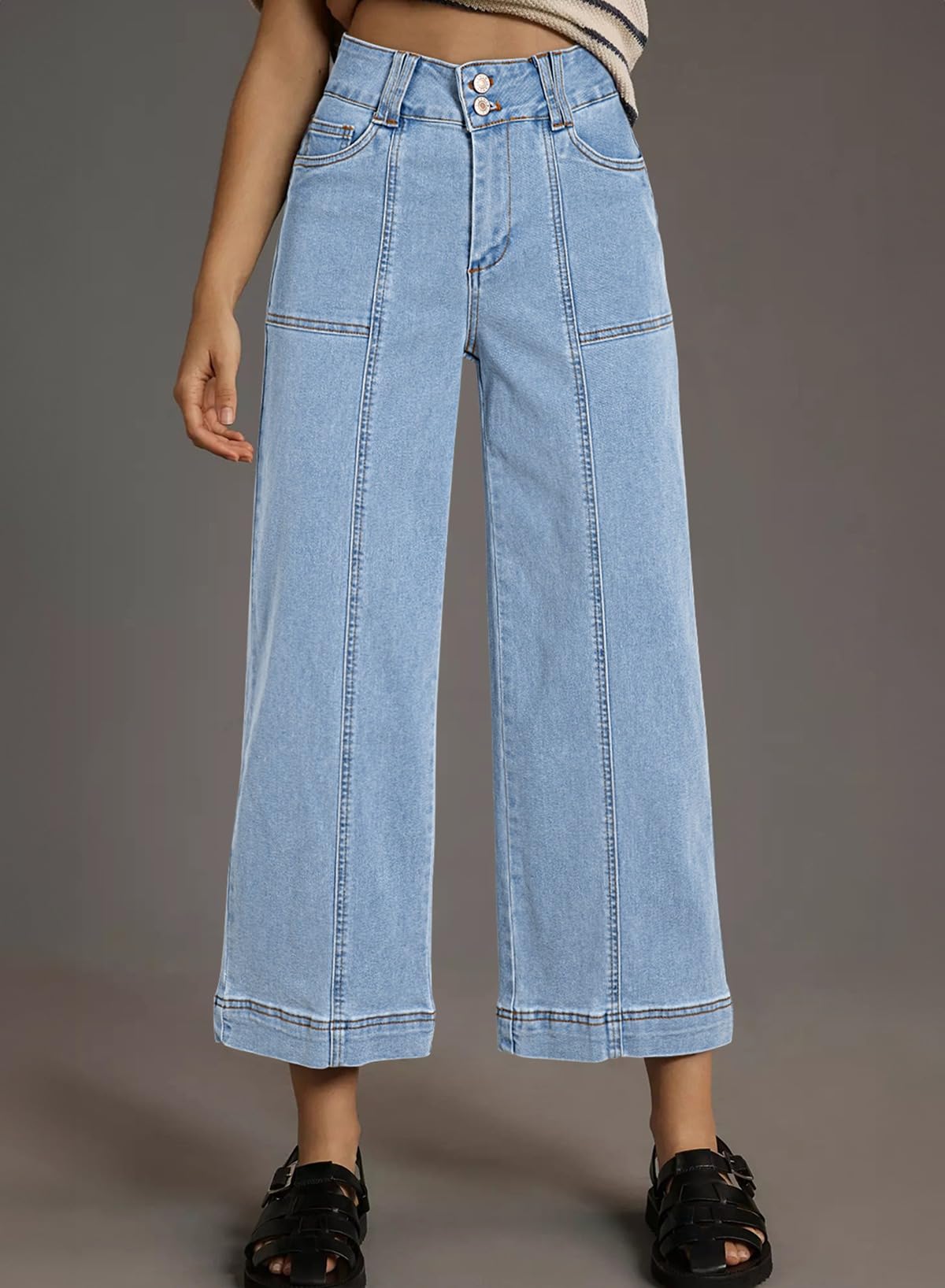 Foto 3 pulgar | Jeans Astylish Para Mujer, Casual, Talle Alto, Pierna Ancha, Azul Cielo - Venta Internacional.