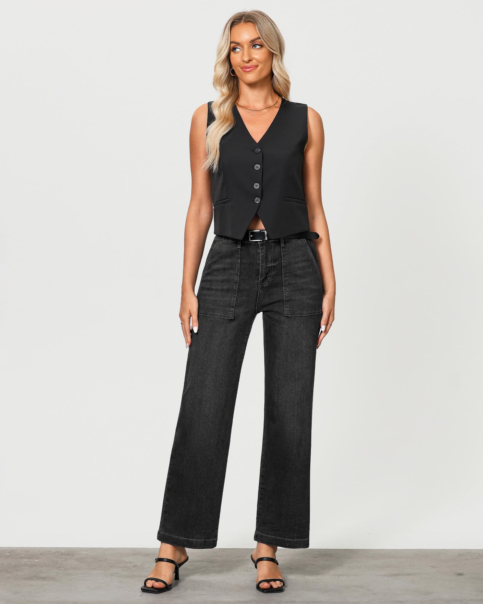 Foto 3 pulgar | Jeans Grapent Negros De Pierna Ancha, Cintura Alta, Pierna Recta, Mujer - Venta Internacional.