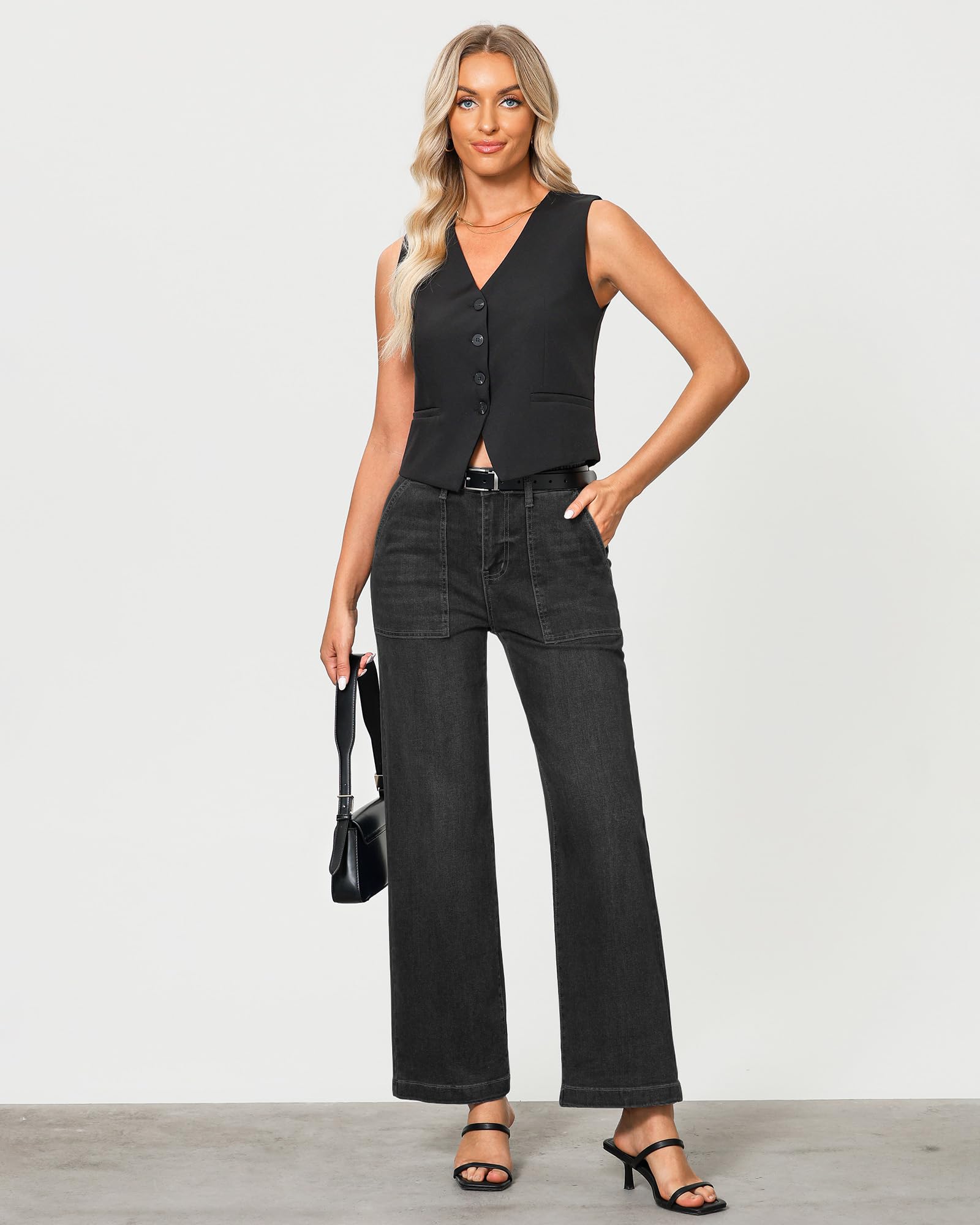 Foto 8 pulgar | Jeans Grapent Negros De Pierna Ancha, Cintura Alta, Pierna Recta, Mujer - Venta Internacional.