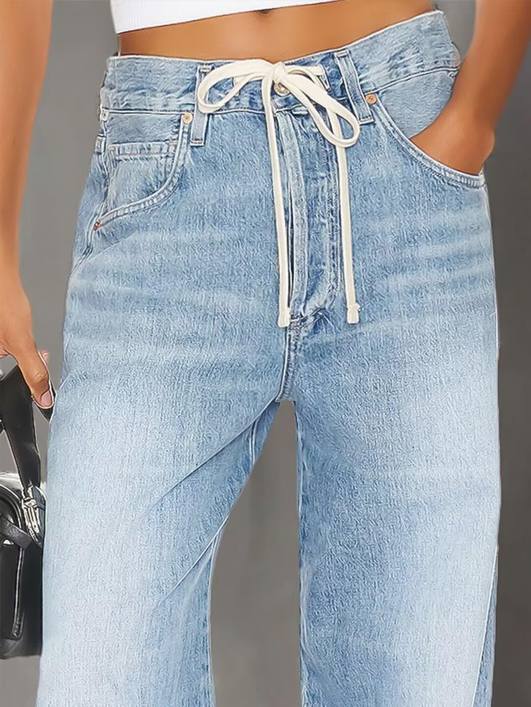 Foto 4 pulgar | Vaqueros Flamingals De Pierna Ancha Y Talle Bajo Con Cordón Azul Claro - Venta Internacional.