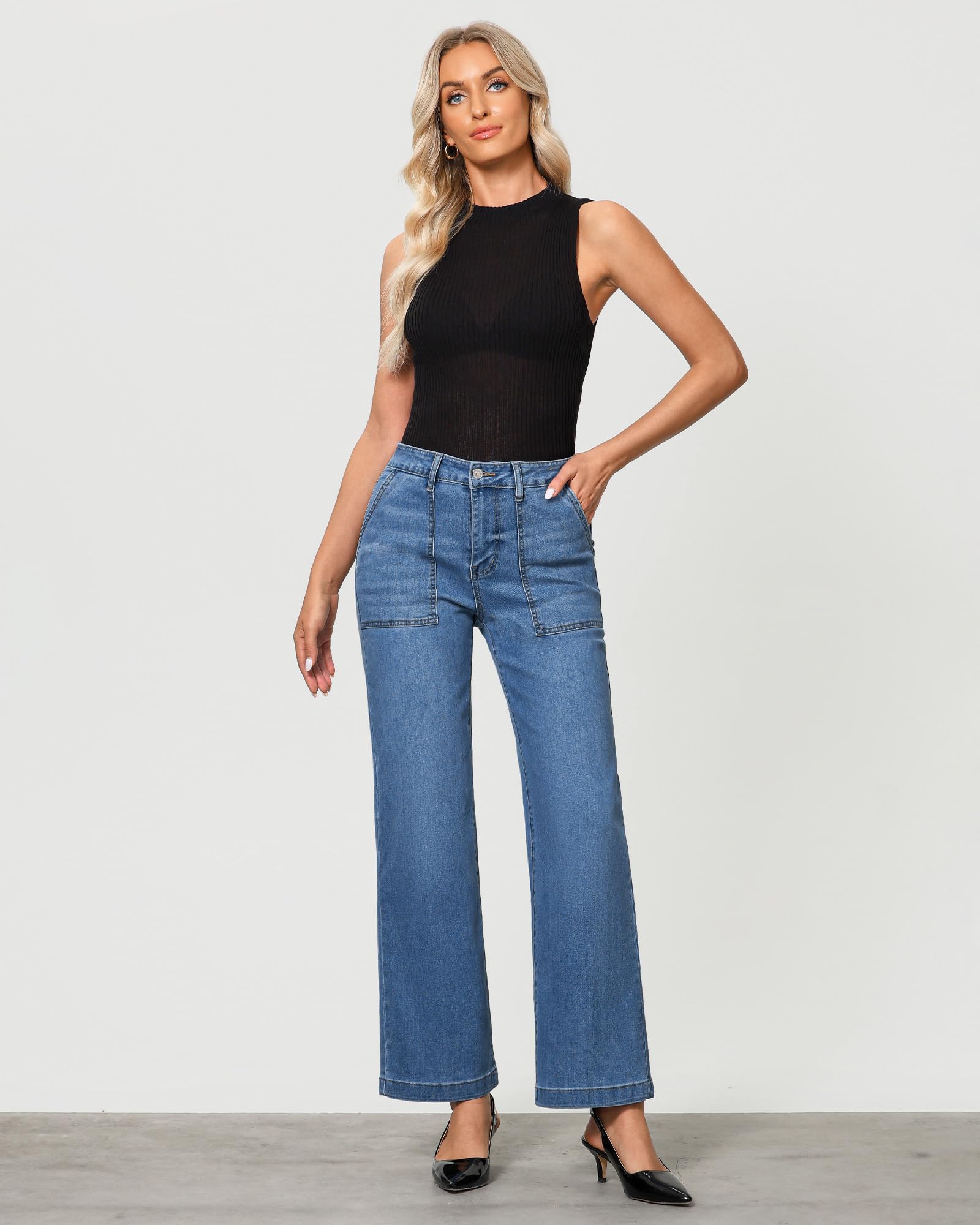 Foto 4 | Vaqueros Grapent De Pierna Ancha Y Cintura Alta Rectos Para Mujer, Azul Xxl - Venta Internacional.