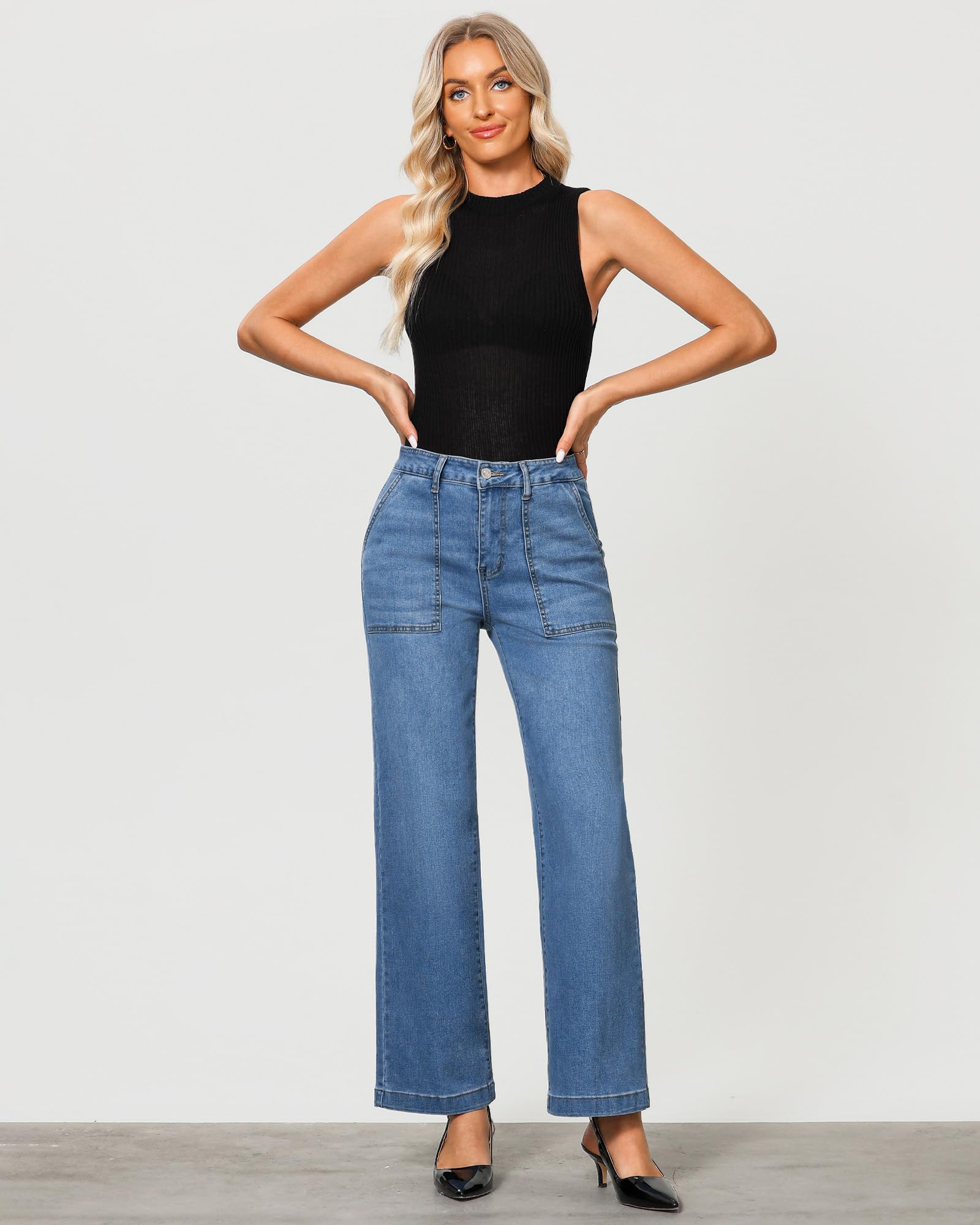 Foto 7 | Vaqueros Grapent De Pierna Ancha Y Cintura Alta Rectos Para Mujer, Azul Xxl - Venta Internacional.