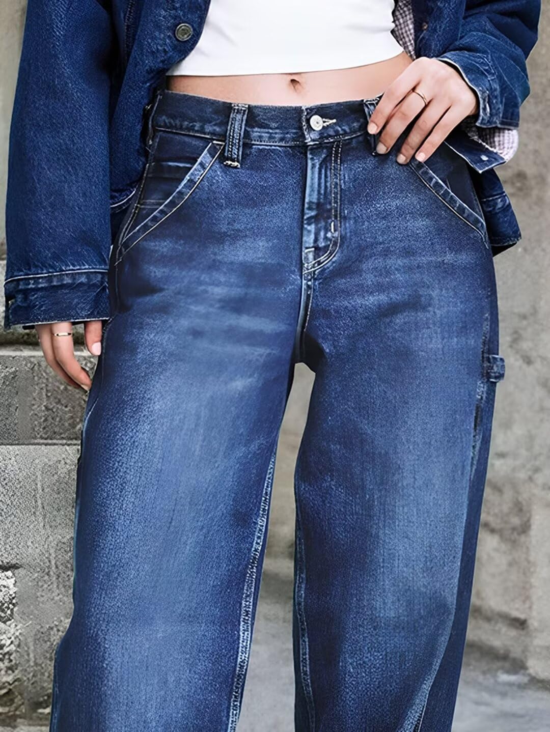 Foto 2 | Vaqueros Flamingals Flamingals De Pierna Ancha Para Mujer, Mezclilla, Azul Marino, Talla M - Venta Internacional.