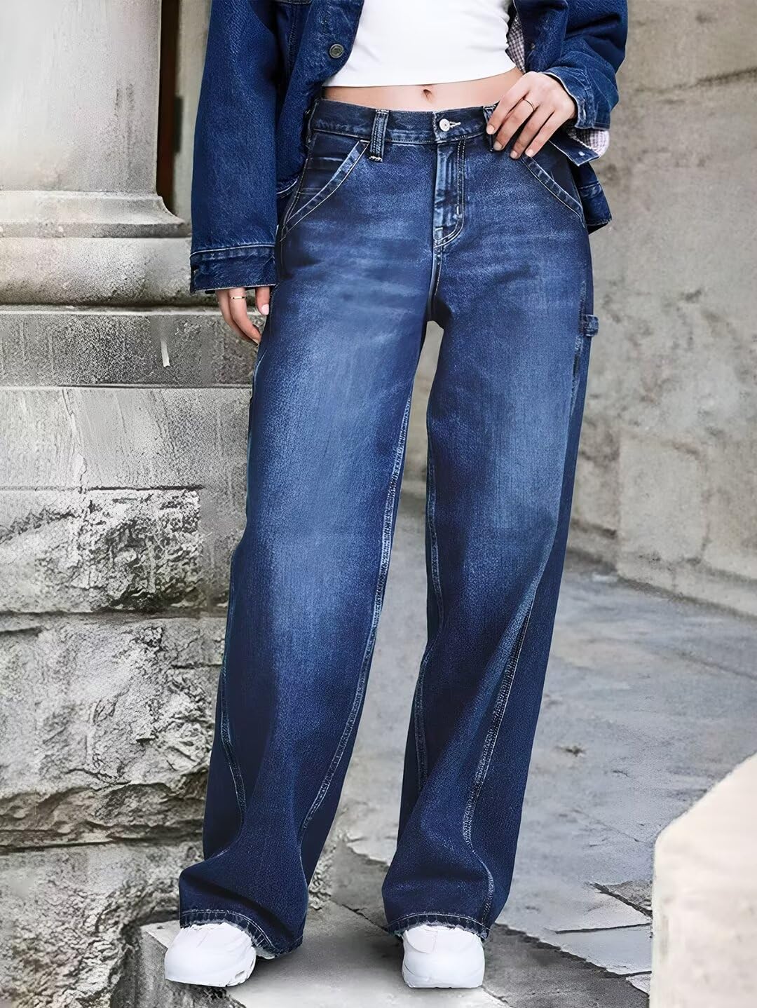 Foto 3 | Vaqueros Flamingals Flamingals De Pierna Ancha Para Mujer, Mezclilla, Azul Marino, Talla M - Venta Internacional.