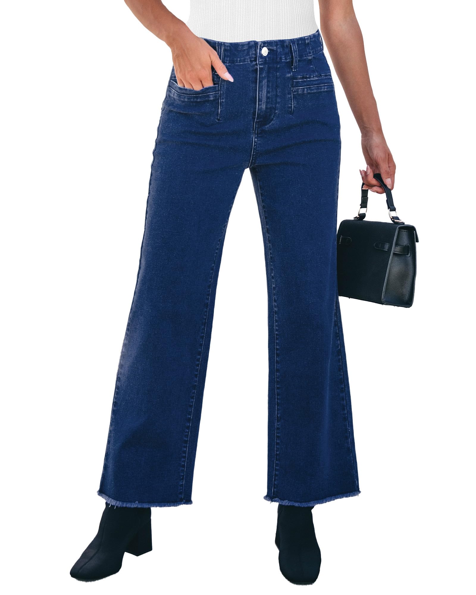 Foto 1 | Vaqueros Grapent Para Mujer, Cintura Alta, Pierna Ancha, Dobladillo Crudo, Azul Oscuro - Venta Internacional.