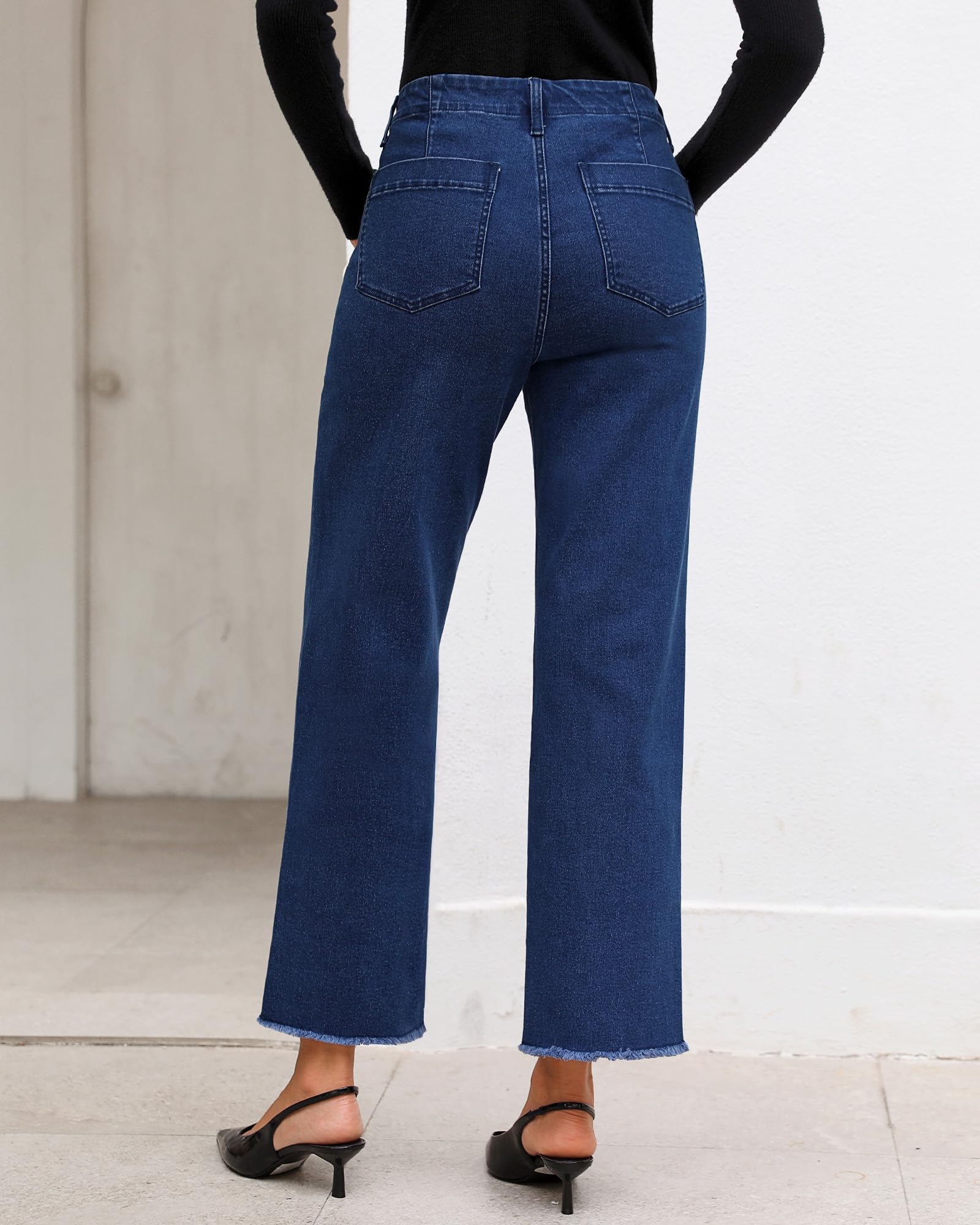 Foto 3 | Vaqueros Grapent Para Mujer, Cintura Alta, Pierna Ancha, Dobladillo Crudo, Azul Oscuro - Venta Internacional.