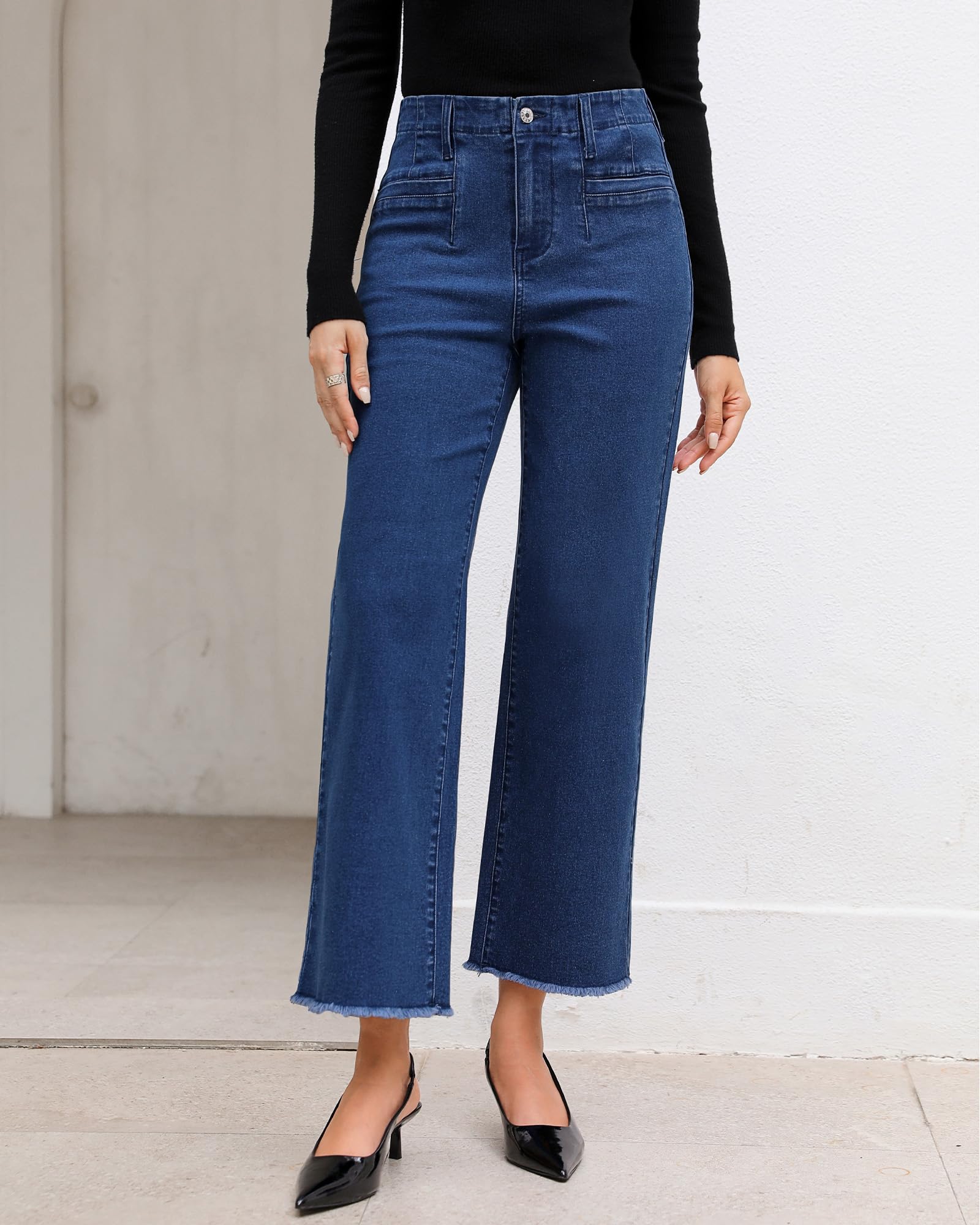 Foto 7 | Vaqueros Grapent Para Mujer, Cintura Alta, Pierna Ancha, Dobladillo Crudo, Azul Oscuro - Venta Internacional.