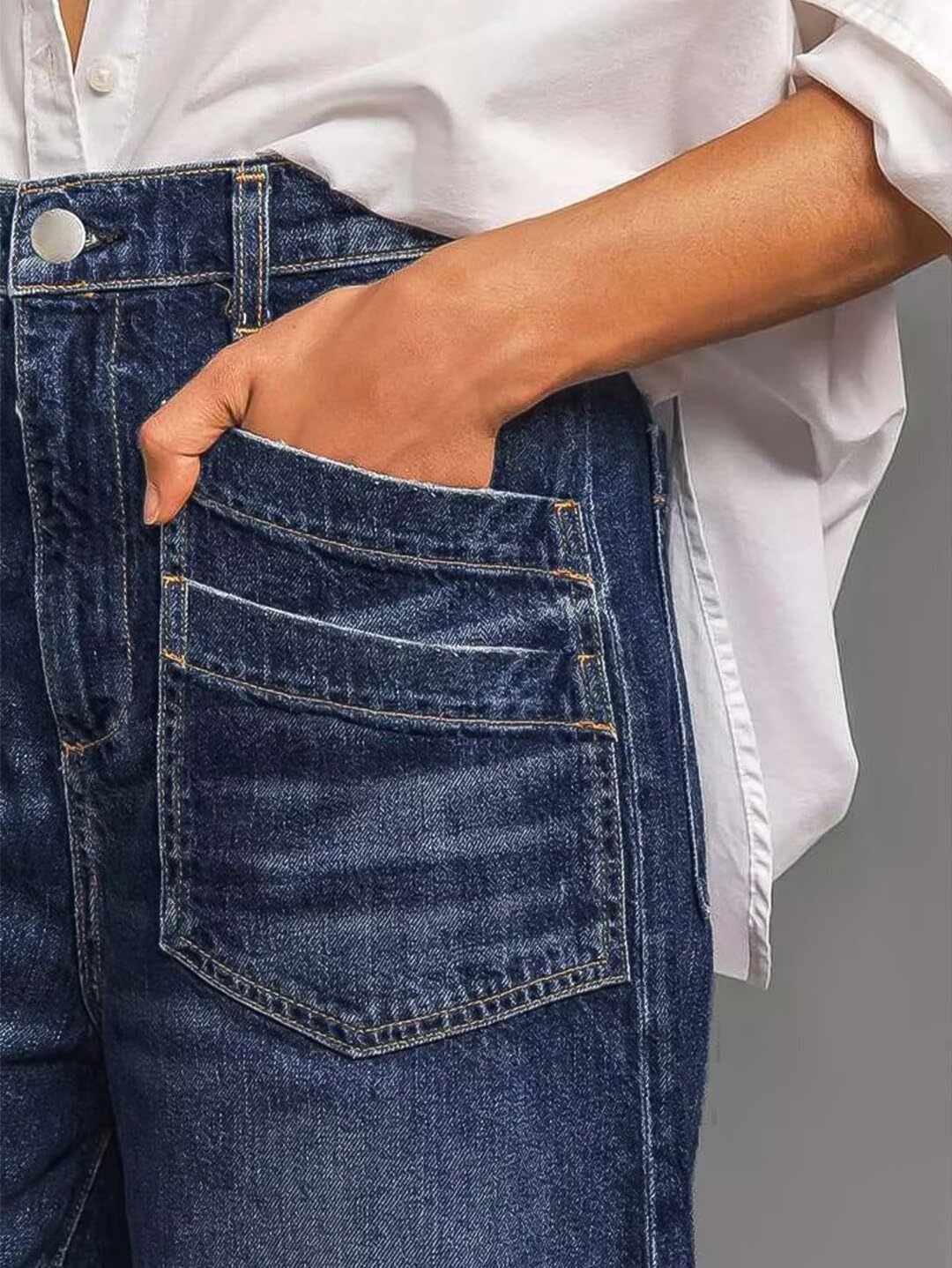 Foto 4 | Vaqueros Con Estampado Flamingals, Pernera Ancha Y Recta, Talle Medio, Holgados, Azul Oscuro, Talla M - Venta Intern