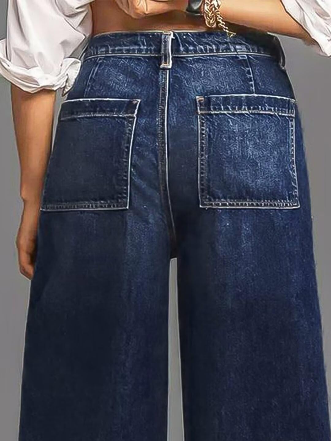Foto 5 | Vaqueros Con Estampado Flamingals, Pernera Ancha Y Recta, Talle Medio, Holgados, Azul Oscuro, Talla M - Venta Intern