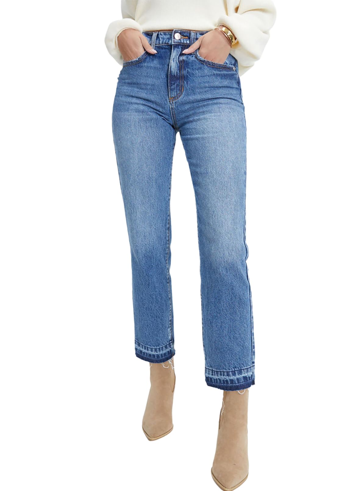 Vaqueros Elegantes Con Dobladillo Desgastado Para Mujer, Pierna Recta, Azul - Venta Internacional.